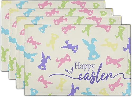 Juego de 4 manteles individuales antideslizantes de conejo de Pascua, manteles individuales coloridos para exteriores, decoración de Pascua para el