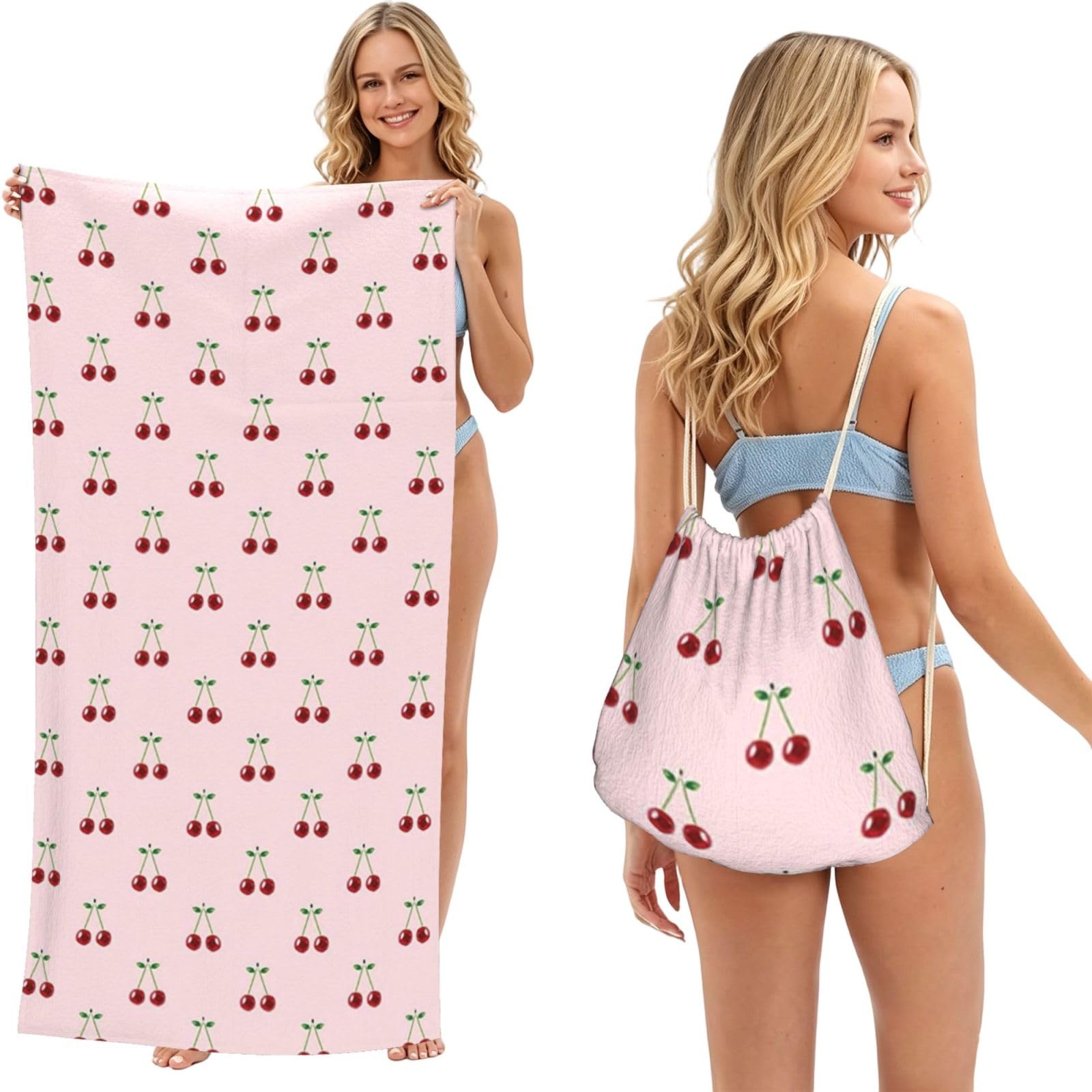 Poadnly As Picture Rose Red Cherry, 2 In 1 Packable Towel Bag, Beach Towels With Drawstring Backpack For Travel Holiday Camping