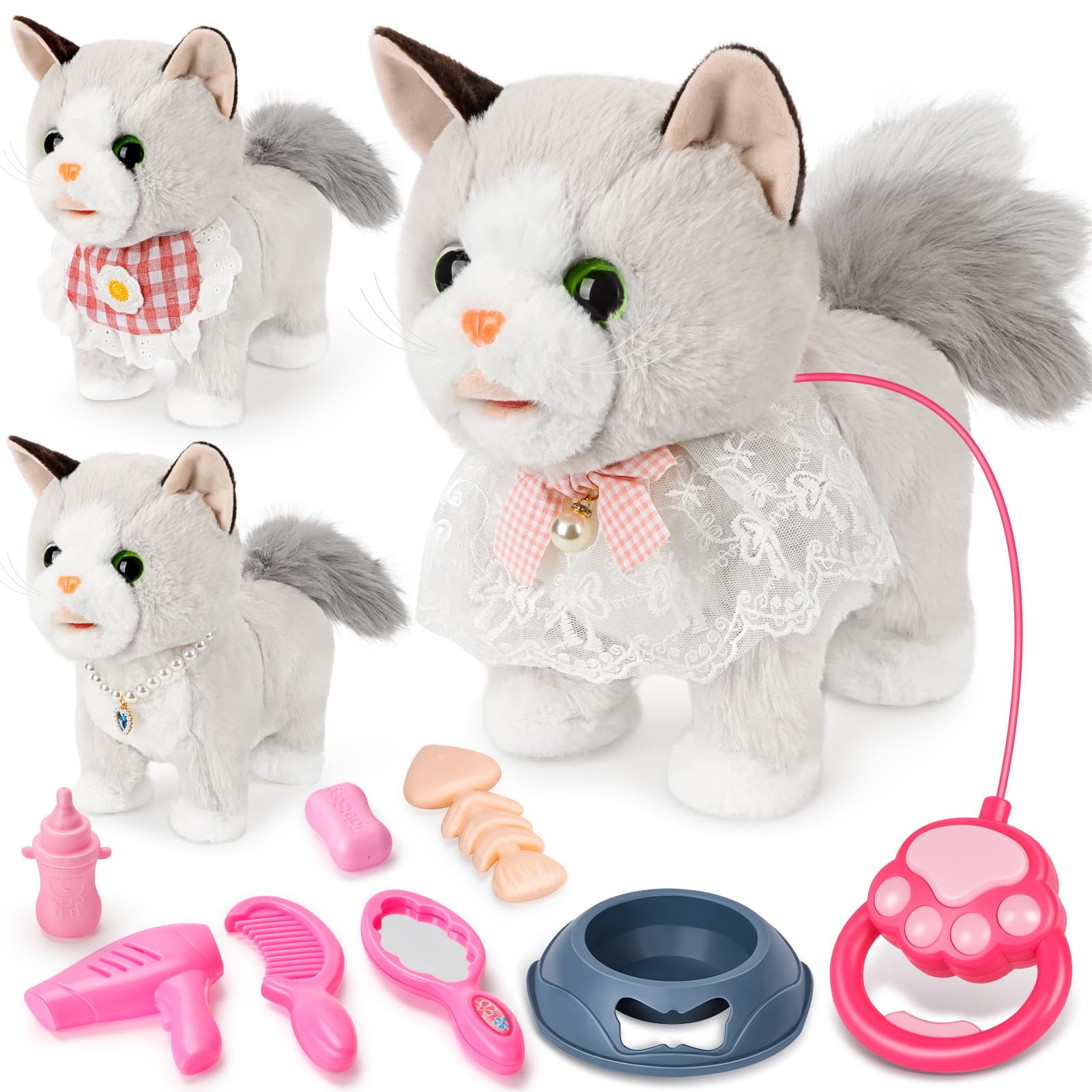 Gato Interactivo, Gato Peluche Realista Interactivo con Correa y Accesorios de Ropa, Mascota Electrónica Que Corre, Maúlla y Mueve la Cola Regalo para Niñas de 4, 5, 6, 7, 8, 9 Años