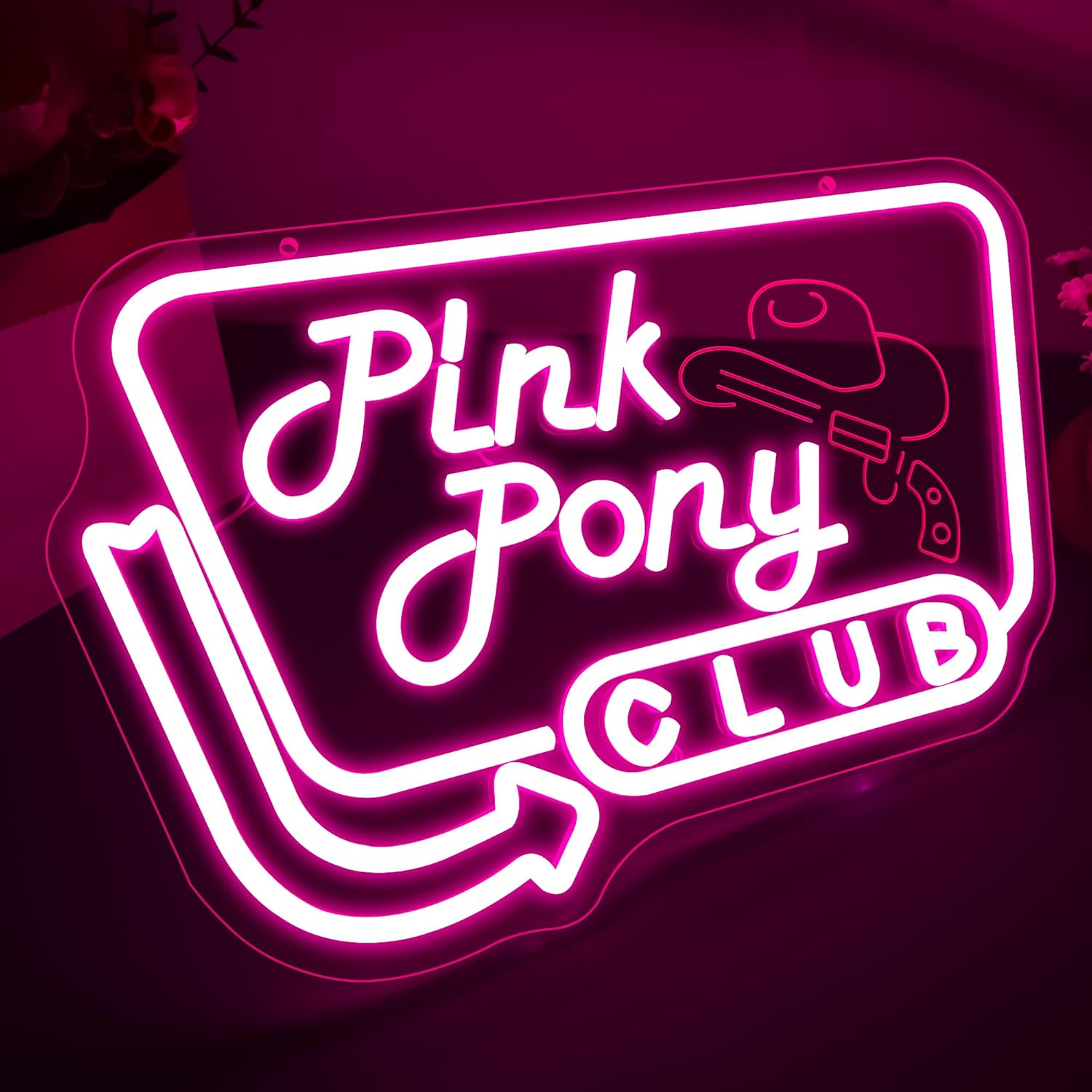 Pink Pony Club Neon Sign for Wall Decor Dimmable Western Cowgirl Hat LED Light Pink Cowgirl Disco Birthday Party Club Decor Midwest Princess Gun Signs for Bar Gifts for Girls Size 15.7*10.2in(GLNP342)