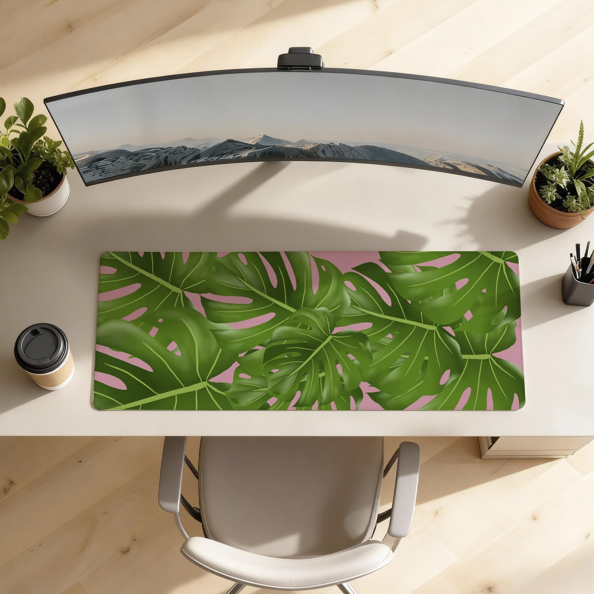 SoulAbiti Tropical Greens Extended Desk Pad (36x14 Inch) - Nature Series XXL Mouse Pad - Non-Slip Rubber Base & Stitched Edges 1