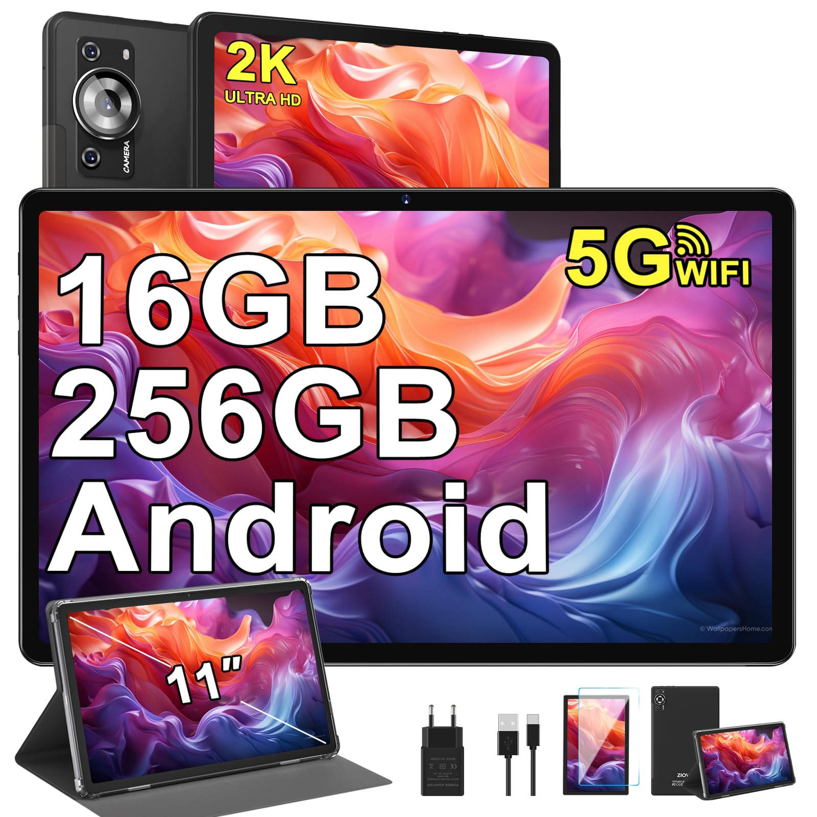 ZIOVO Tablette Android 13 Tablet 11 Pouces 16Go RAM+256Go ROM/TF 1To, 2K Écran Tablette Octa-Core 2.0GHz,5G WiFi/2000 * 1200/8600mAh/13+5MP/GMS Certified/Couvercle métallique,Tablette Tactile -Noir
