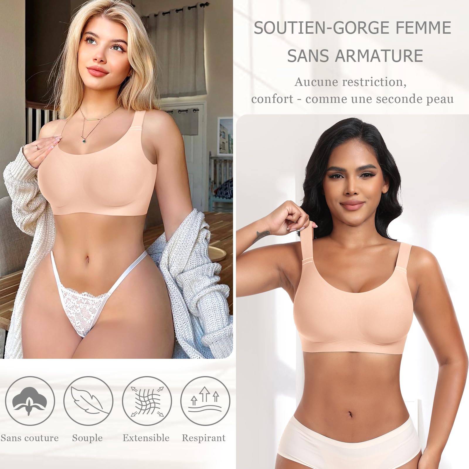 Ganado Soutiens-Gorge Femme sans Armature Confort Classiques Brassière avec Coussinets Col en U Brassiere sans Coutures
