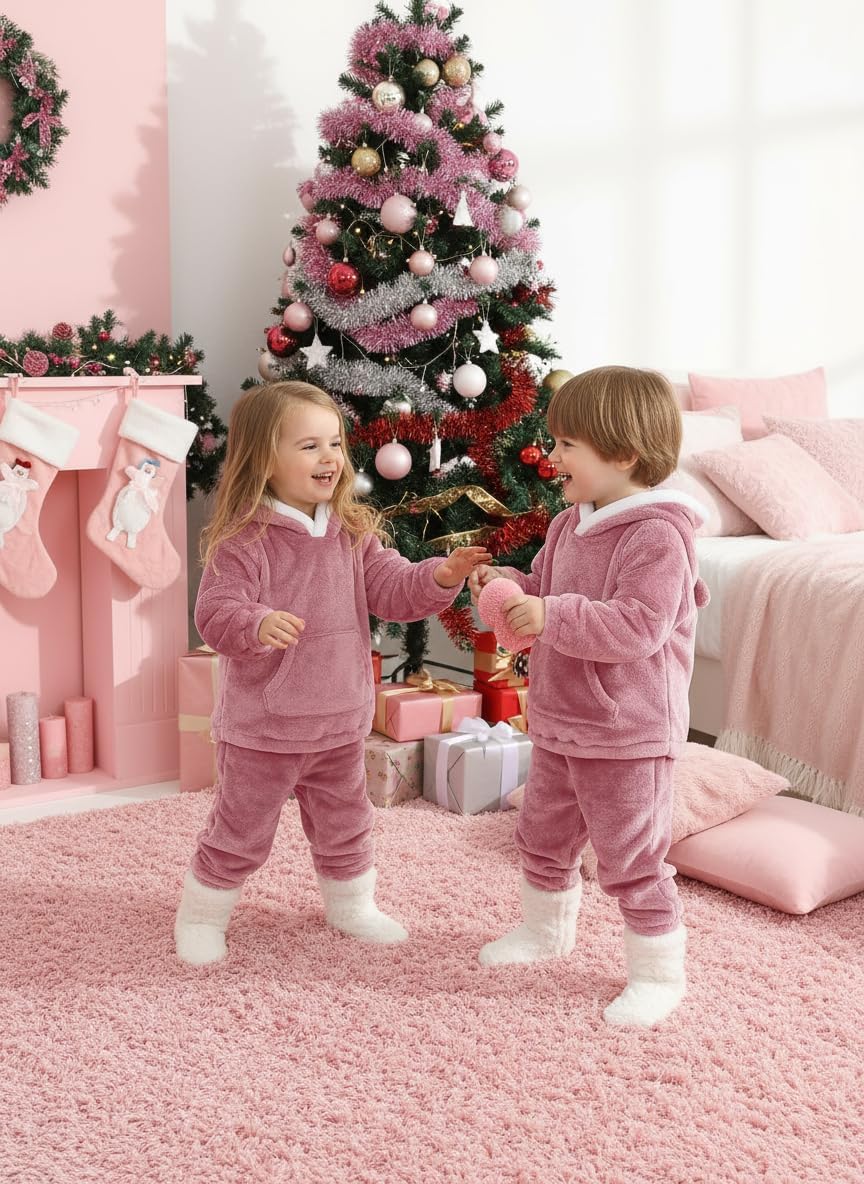 Toddler Fleece Tracksuit Sets Girls Boys Christmas Fuzzy Sweatsuit Winter 2 Piece Outfit Warm Sweatshirt Jogger Pants