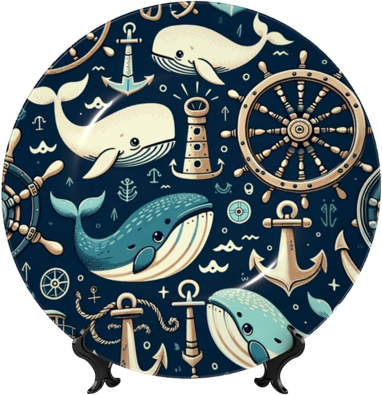 Whale-Wheel 10 Inch Decorative Plate With Stand, Elegant Display Wall Plate For Home Decor