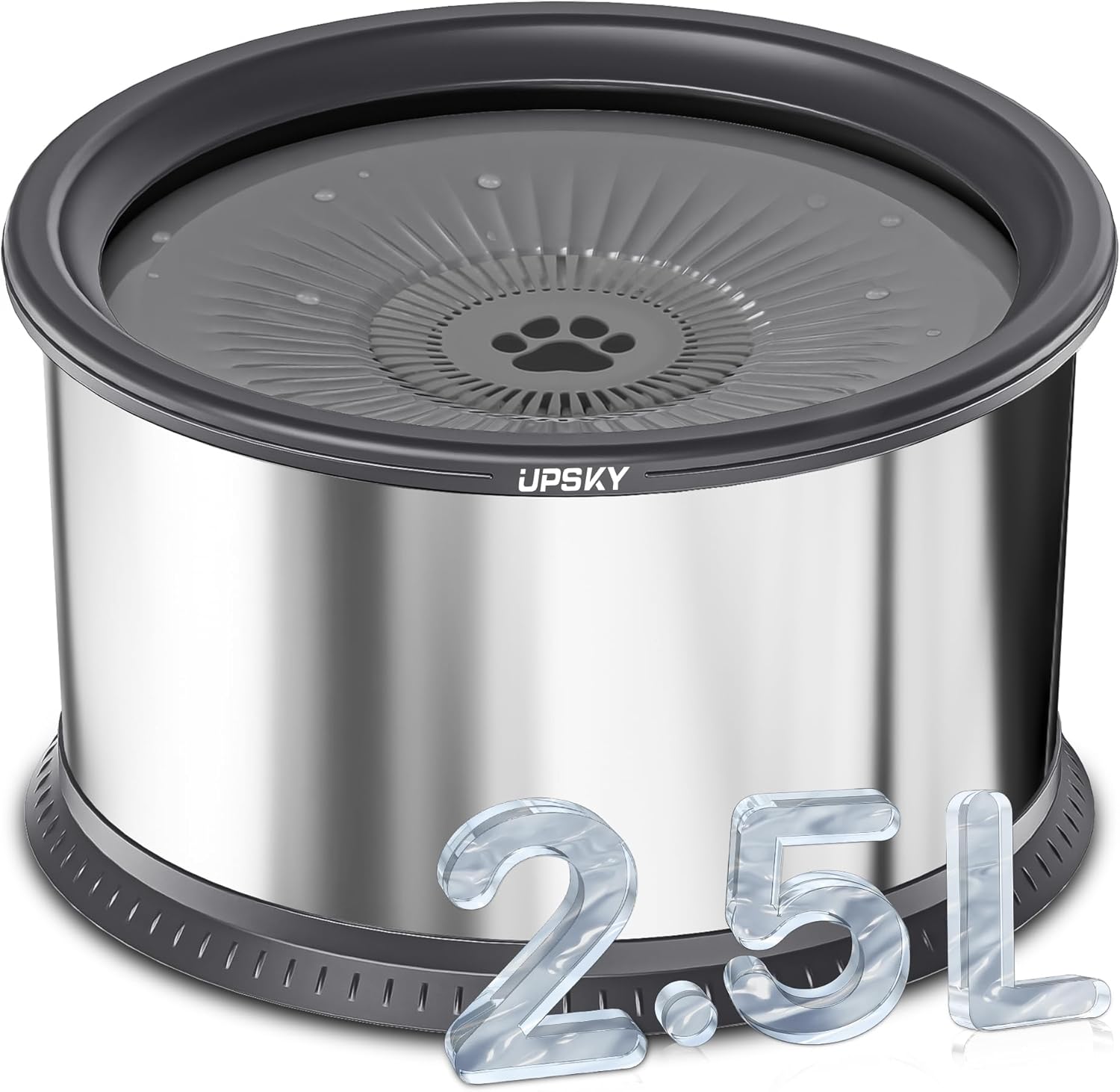 UPSKY 3.5L Dog Water Bowl,Large Capacity No Spill Dog Water Bowl,Stainless Steel Spill Proof Slow Water Feeder,No Splash Water Bowl with Anti-Slip Mat for Messy Drinkers Grey, C.3.5L