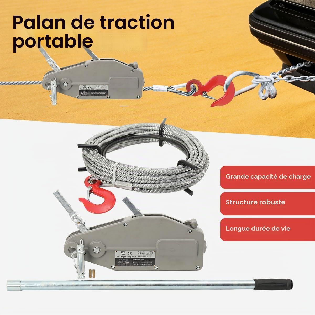 Treuil manuel ECUTEE avec 20 m de corde, treuil manuel forestier avec crochet de charge et goupille de cisaillement, capacité max 800 kg Crane Handle Hoist