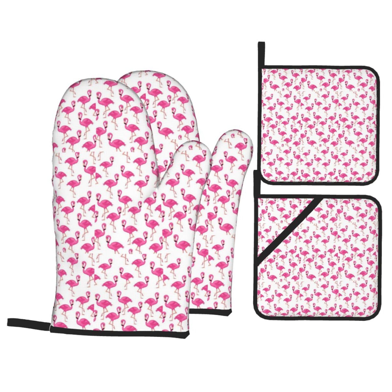 Red Flamingo Print Stylish Heat-Resistant Oven 4-Piece Set Kitchen Gloves Roasting Daily Cooking