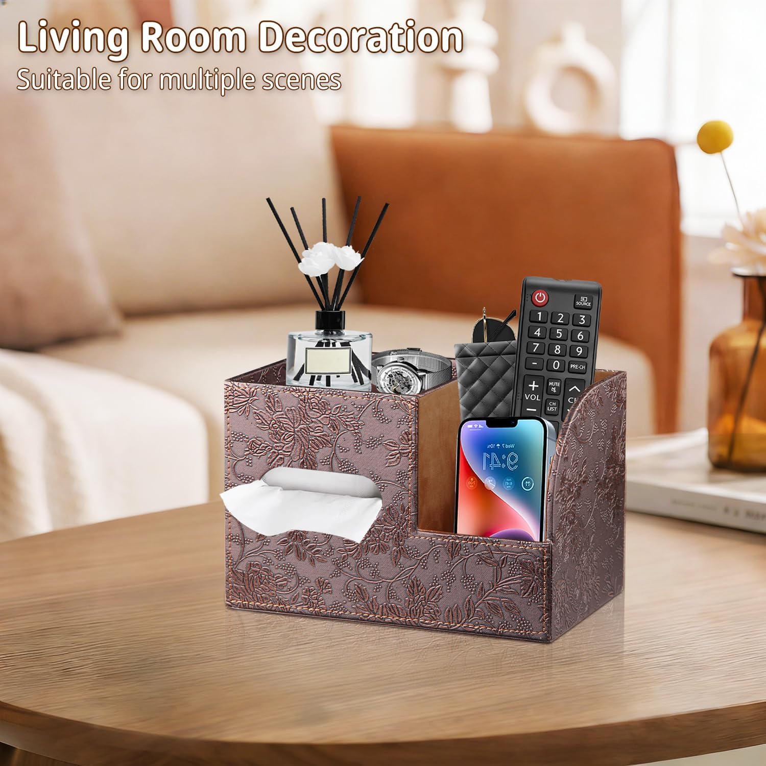 Leather Square Tissue Box Cover with Storage Tray,Cube Tissue Box Holder,Modern Facial Paper Organizer with Remote Control Holder for Bathroom,Vanity Countertop,End Table NightStand Home Office