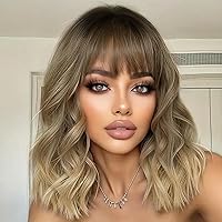 Vista 13 de AISI HAIR Peluca Bob Sintética Rizada y Ondulada Marrón Natural con Flequillo para Mujeres, 21-23 Pulgadas