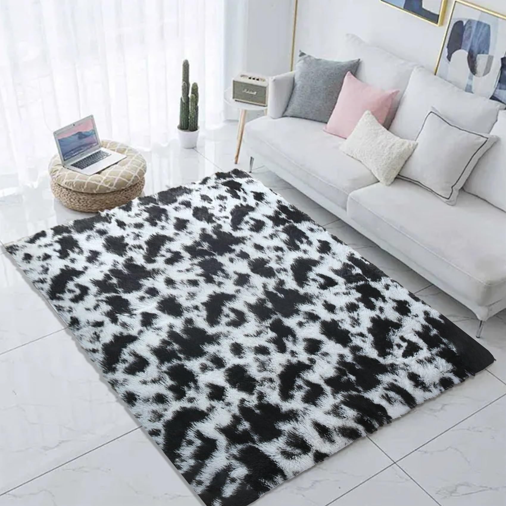 Tapis moelleux de salon 145x300 cm noir et blanc en moquette premium