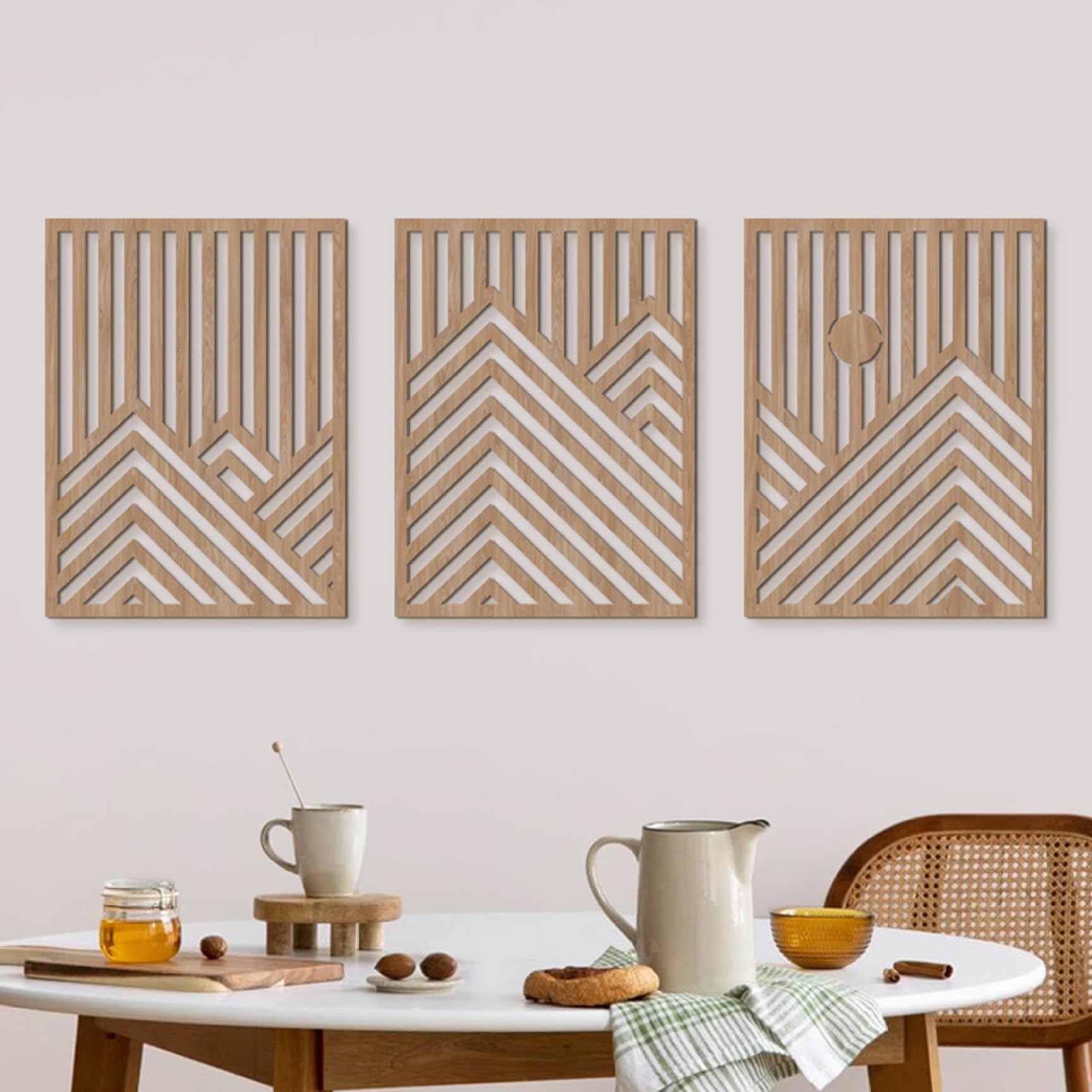 Comebachome 3PCS Wood Wall Decor, 12x16 Inch Geometric Wooden Wall Art Decor, Boho Hollow-Out Decorative Wood Panels for Kitchen, Bedroom, Bedroom, Utilisation intérieure