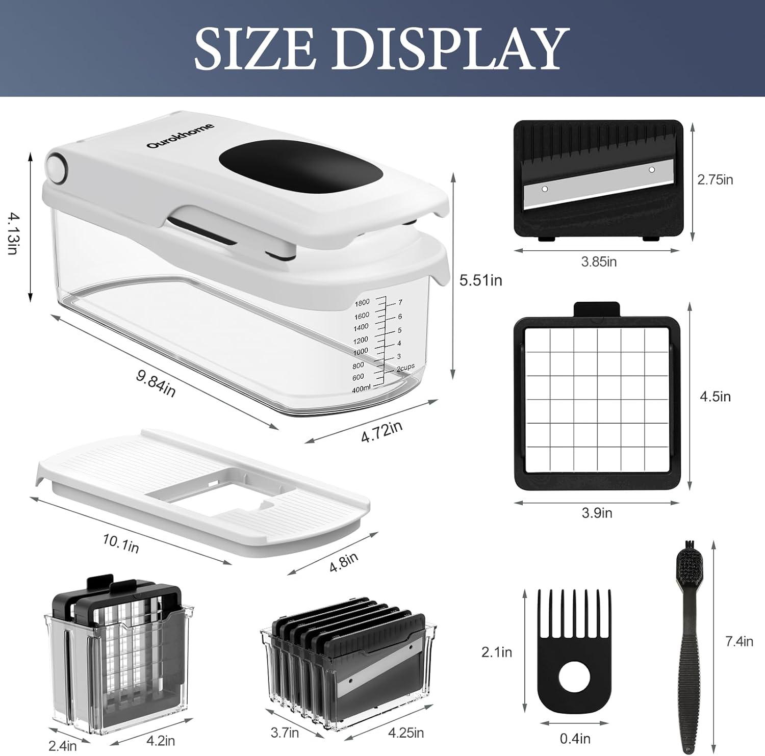 Ourokhome Food Chopper with Container, Manual Mandolin Vegetable Slicer Onion Dicer with 8 Blades, Hand Veggie Shredder for Potato, Tomato, Essential Kitchen Gadgets (8 in 1, White)