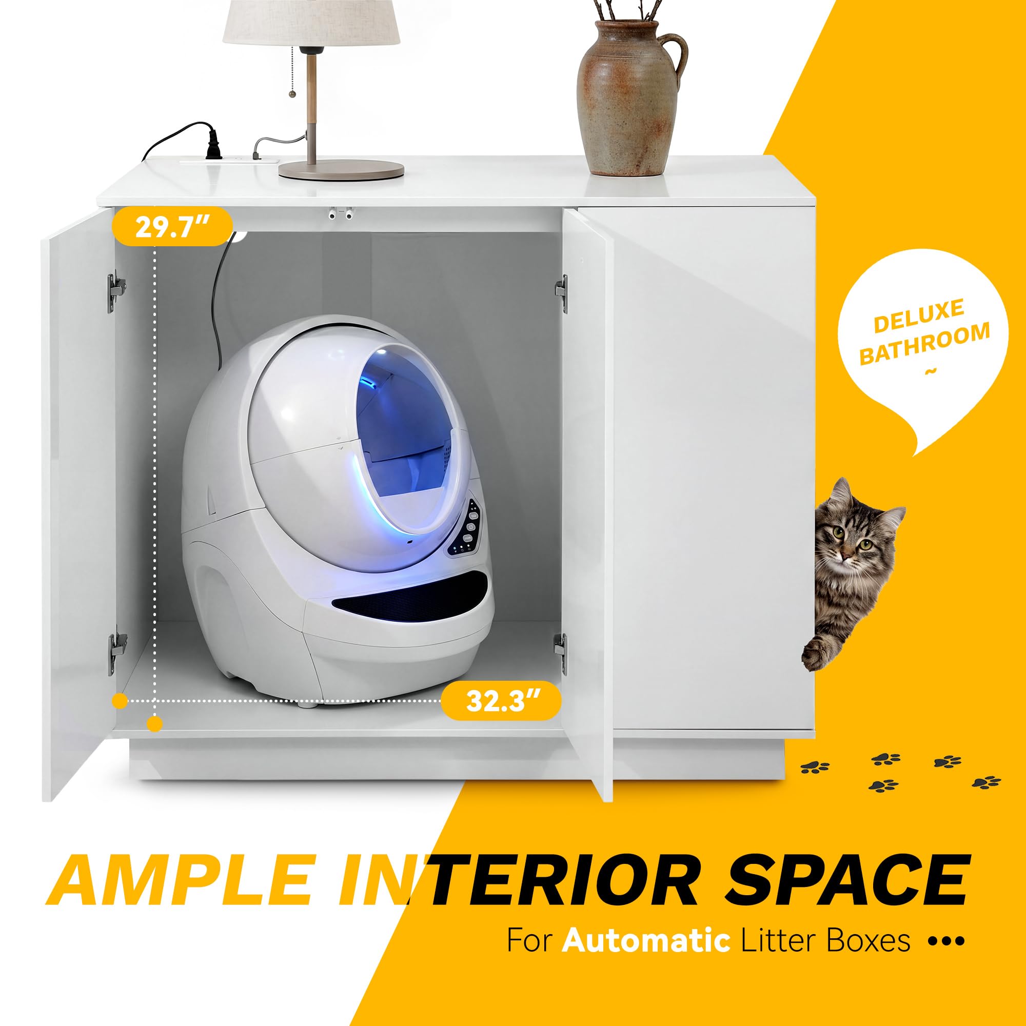 Large Hidden Litter Box Furniture with Led Light & Power Outlets, Modern Cat Litter-Box Enclosure for Self-Cleaning Litter Boxes, Indoor Wooden Storage Cat Cabinet, High-Gloss White - image 5