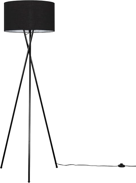 MiniSun Modern Gloss Black Metal Tripod Floor Lamp with a Black Cylinder Shade - Complete with a 6w LED Bulb [3000K Warm White]
