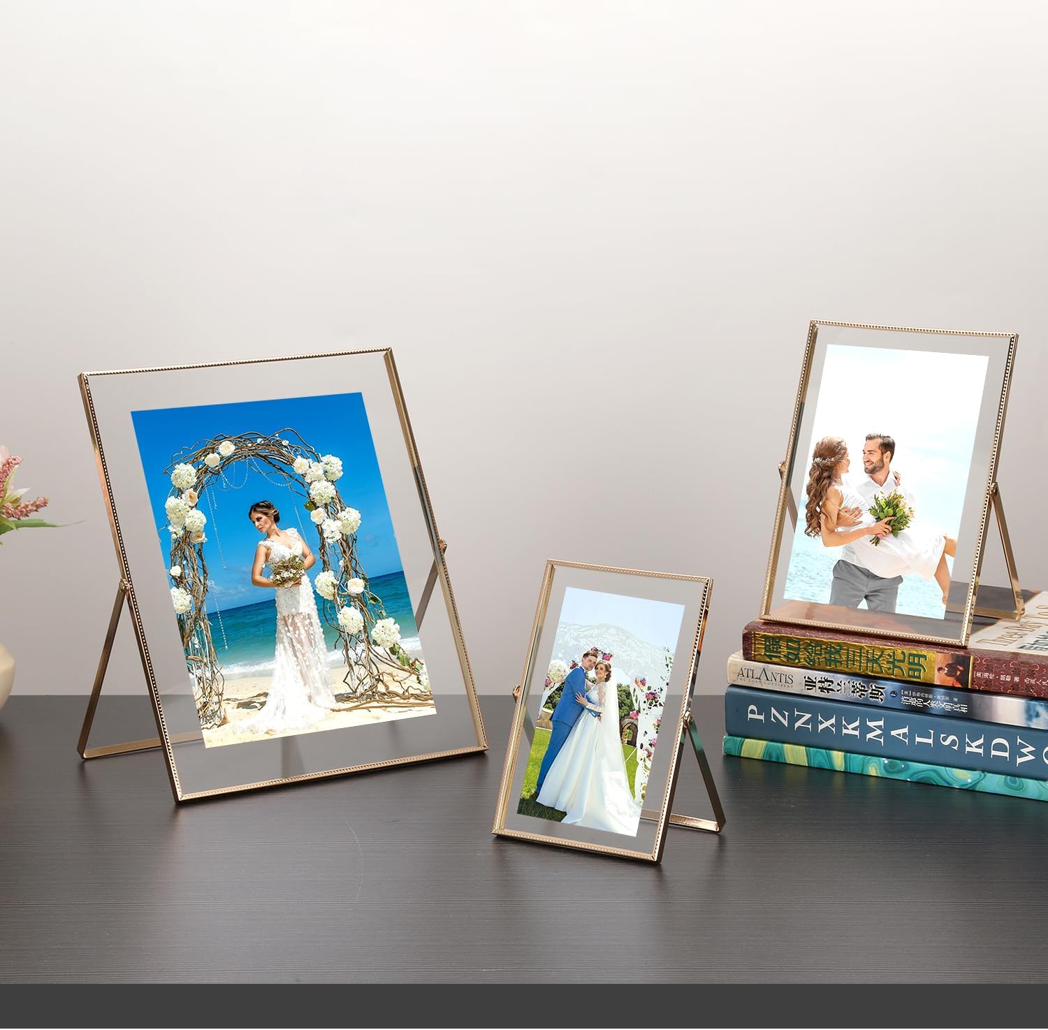 Gold 8x10'' Floating Frame Set of 2,For Photo Sizes( 5x7'',6x8'',7x9''),Beautiful Metal Beaded Edge Frames Adjustable Tabletop/Shelf Photo Frame,Classy Gift Choice for Wedding