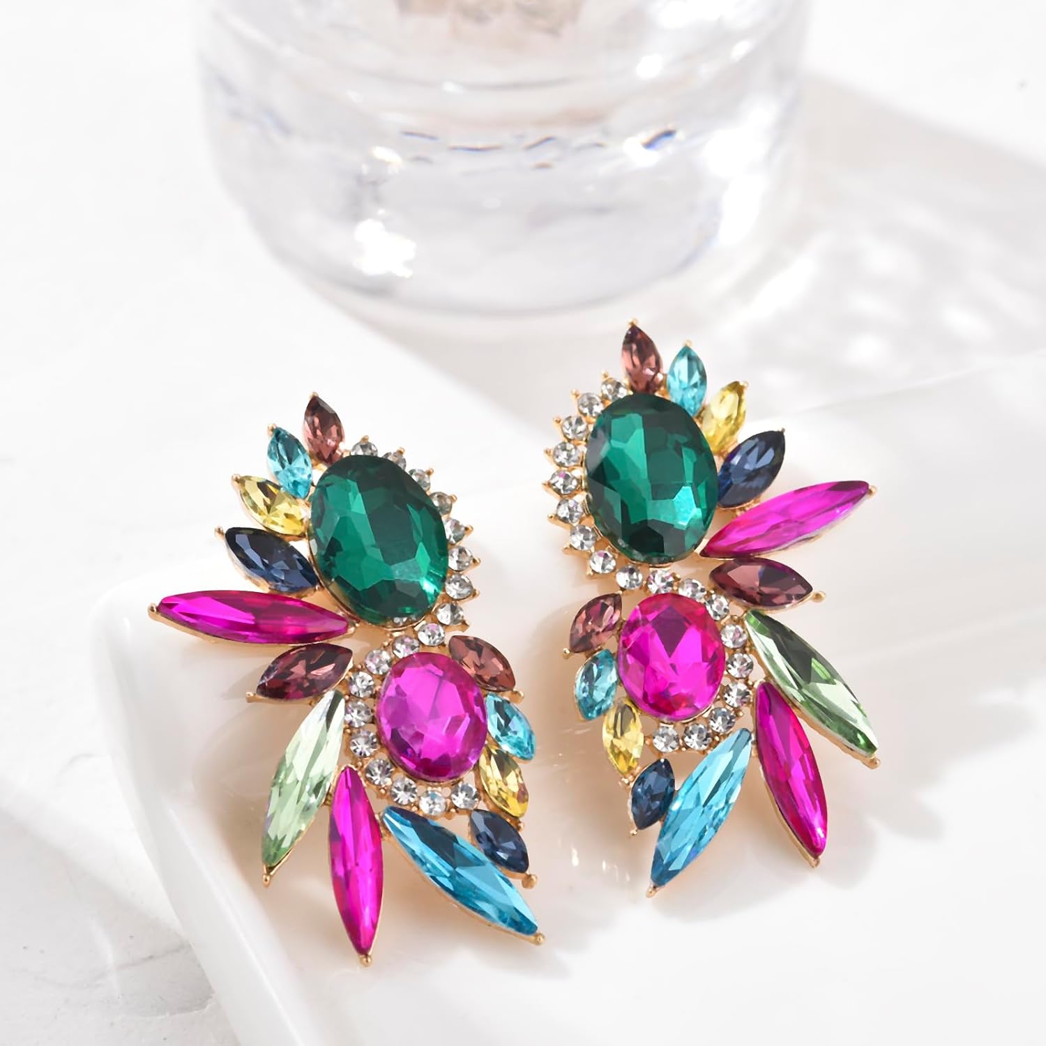 Vintage Rhinestone Statement Earrings Fancy Crystal Cluster Drop Dangle Earrings for Women - Image 7