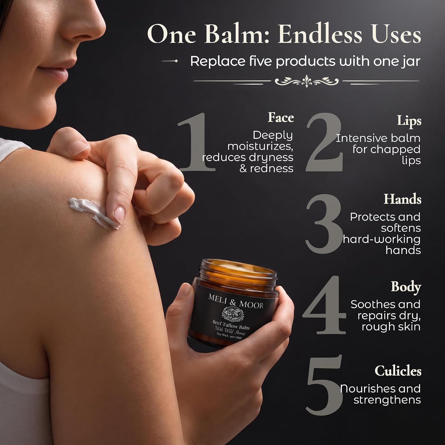 Meli & Moor Beef Tallow Balm with Wild Honey – Deep Moisturizing Skin Balm for Dry Skin, Grass-Fed Moisturizer for Face & Body, Jojoba Oil & Beeswax, Made in USA, 2 oz