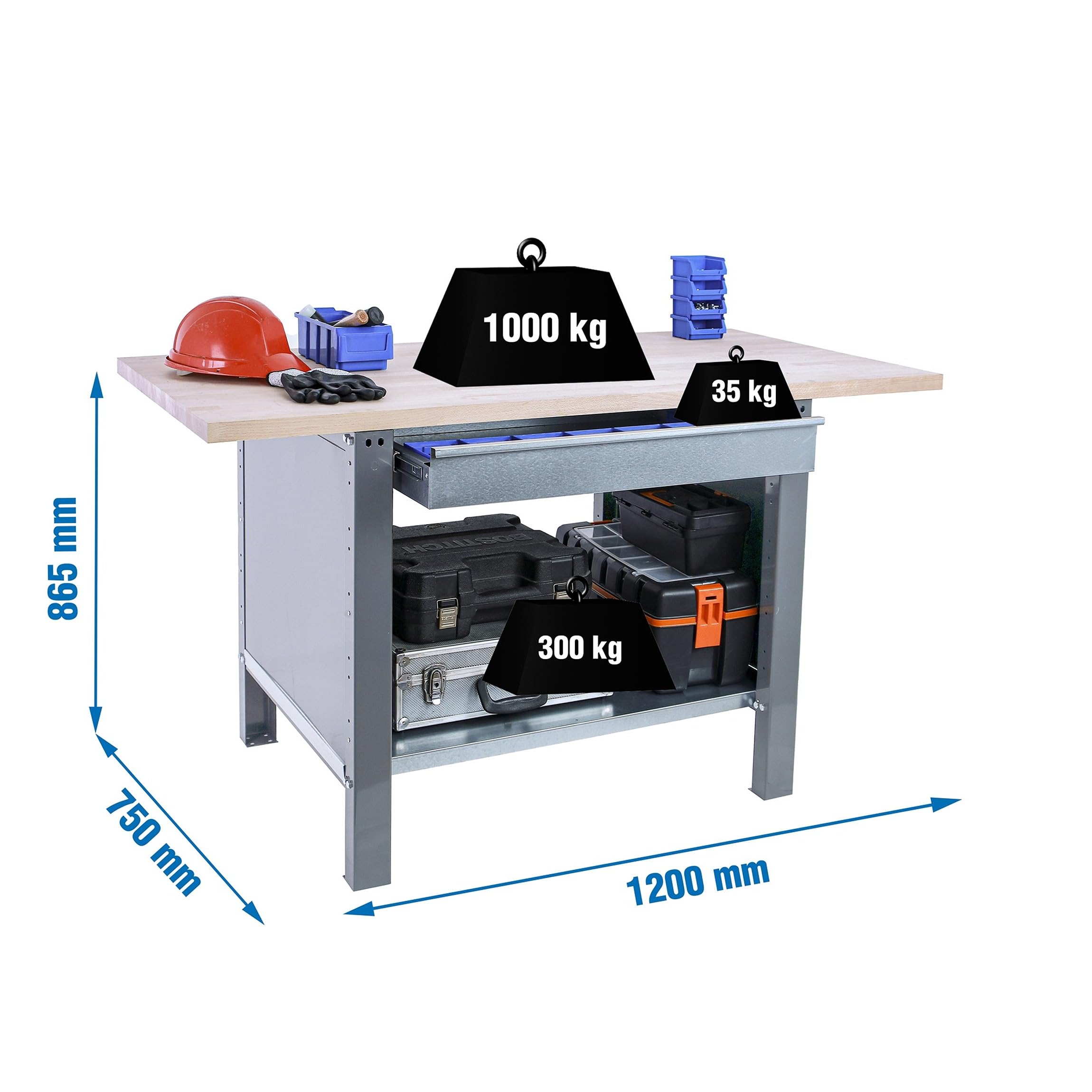 SimonRack Banco de Trabajo Taller, Capacidad Carga 1000 kg, 865x1200x750 mm, Mesa de Trabajo, 1 Cajón, Gris/Haya - BT6 PRO | Tablero Madera Alistonada 32 mm, Capacidad Carga 1000 kg, Madera Haya, Gris , Pintura anticorrosión