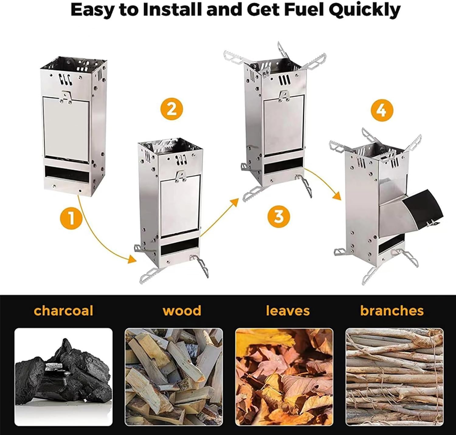 Rocket Stove, Foldable Camp Stove, Stainless Steel Wood-Stove, with Storage Bag, for Barbecues, Picnics, Camping, Hiking