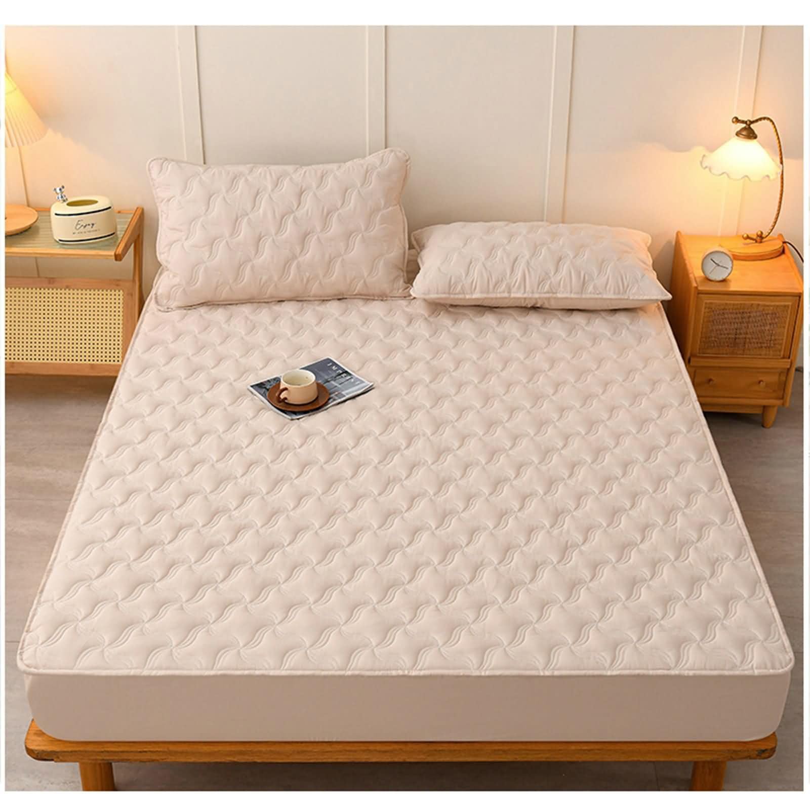 Set de 3 Piezas Sabana Bajera Matrimonio de Algodón Lavado, Patrón de Geométrico, 150 x 200 x 30 CM + 2 Fundas de Almohada, Sabana Bajera Matrimonio Caqui