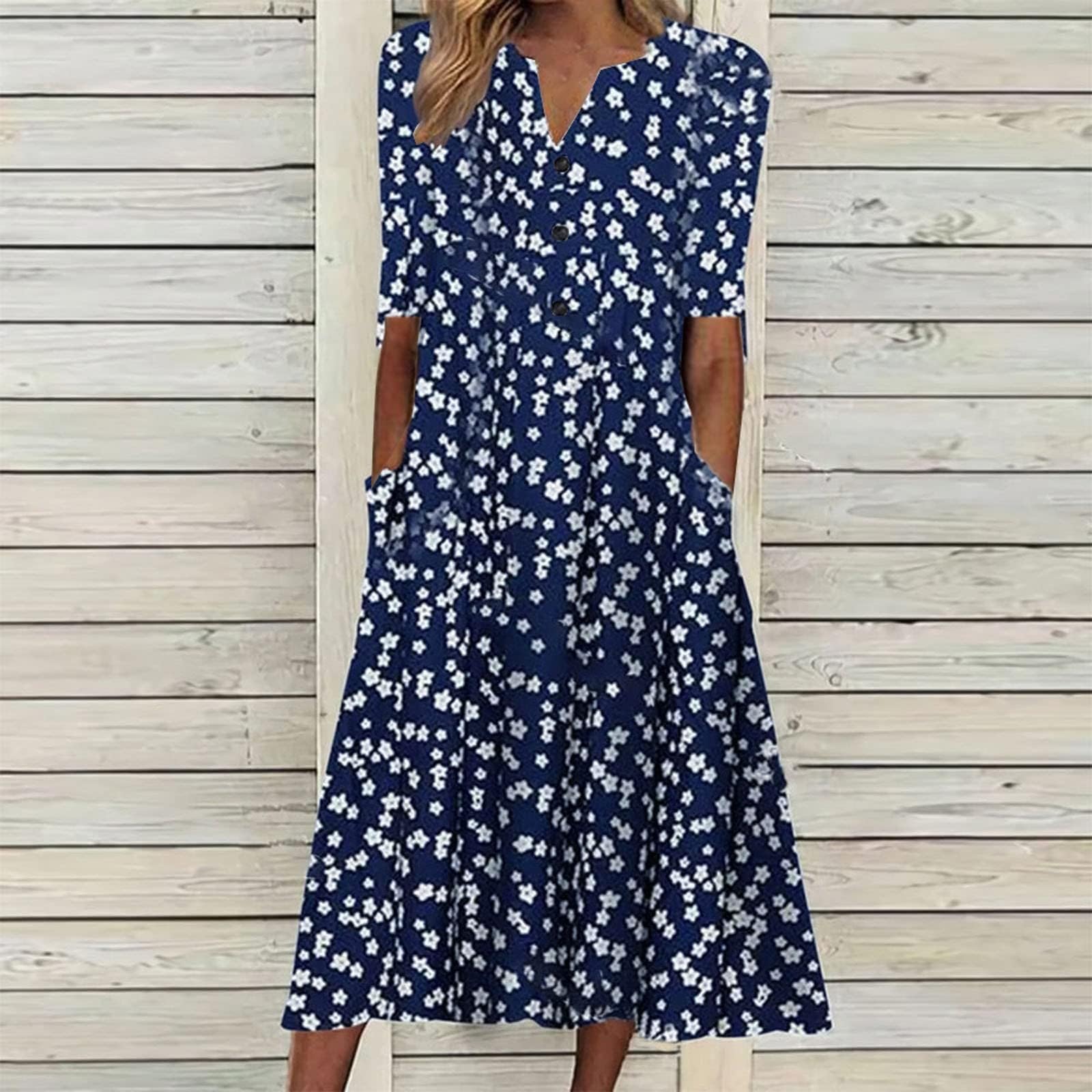 Lässiges Damenkleid mit V-Ausschnitt Knopfleiste für Alltag Urlaub stilvolle Bequeme Sommerkleider mit Druck