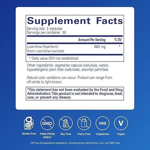 Vista 2 de Pure Encapsulations L-Carnitina Suplemento hipoalergénico para apoyo cardiovascular y de resistencia 60 cápsulas