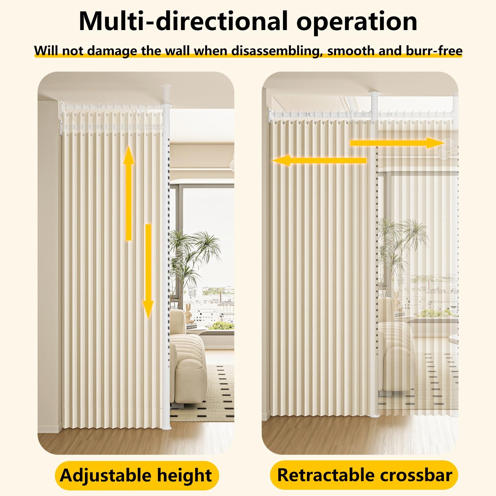 NoDrill Raumteiler-Vorhänge, verstellbar, schalldicht, dünn, Verdunkelungsvorhänge, freistehend, Sichtschutz-Trennwände für Schlafzimmer, Beige (0,9 m1,5 m Breite)