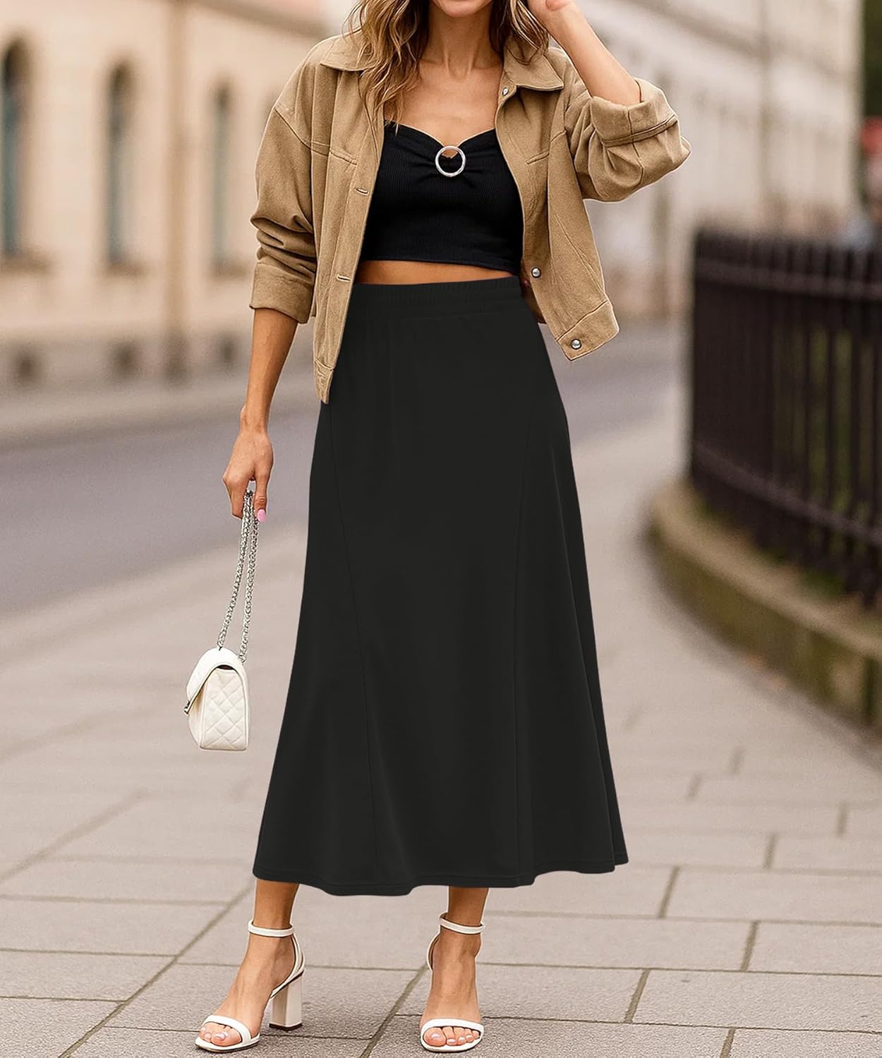 NILOUFO Women Trendy Maxi Skirts Casual High Waisted Elastic A-Line Long Skirt with Pockets(Black, Small) - Image 3