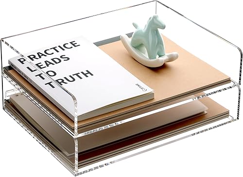 Organizador de papel, bandeja de acrílico apilable de 2 niveles, tamaño A4, oficina, hogar, escuela, transparente