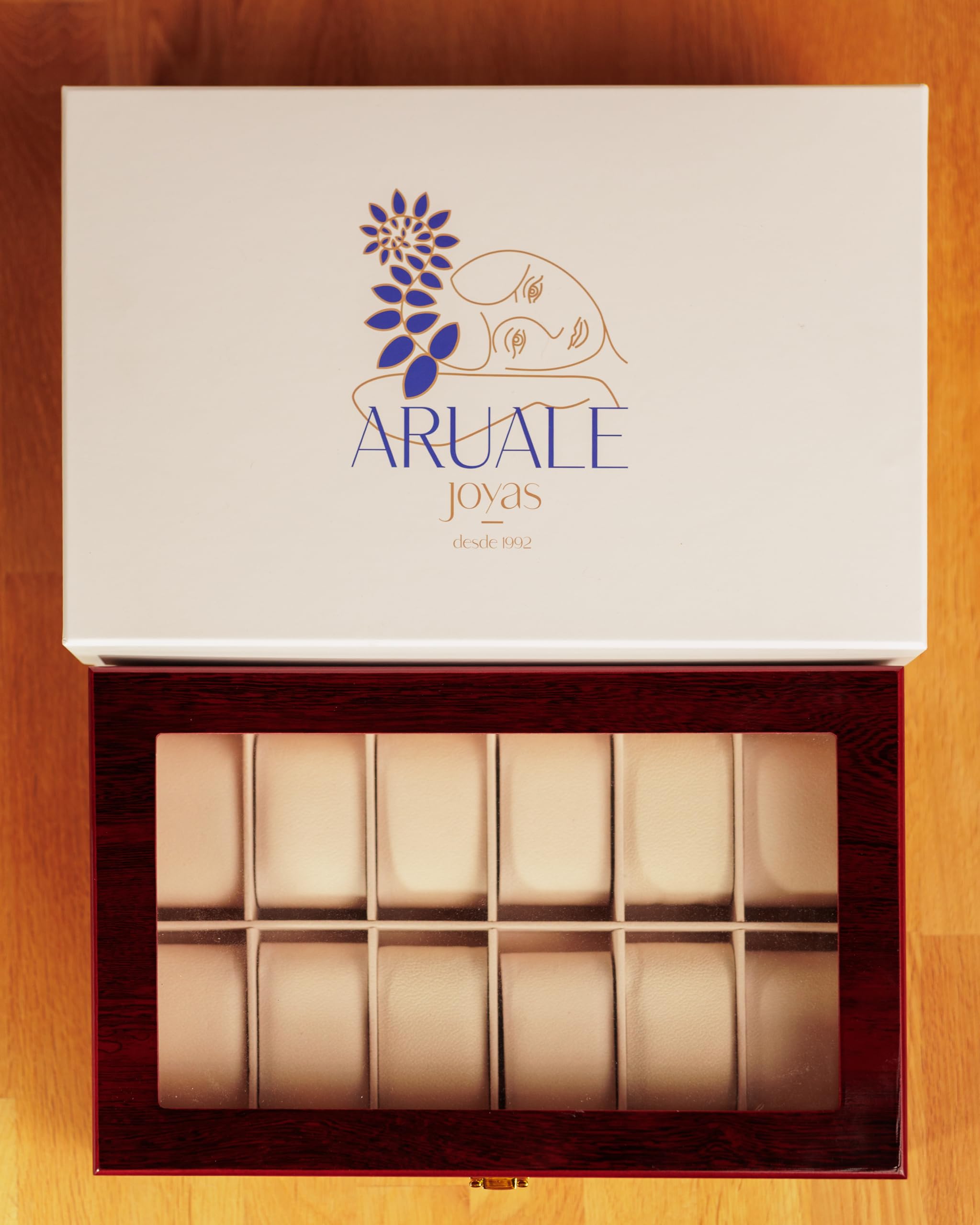 Caja Organizadora para Relojes de Madera Roja con Tapa de Cristal Templado, 12 Compartimentos con Interior de Ante Sintético, Incluye Gamuza Limpiadora. Ideal Para Regalo