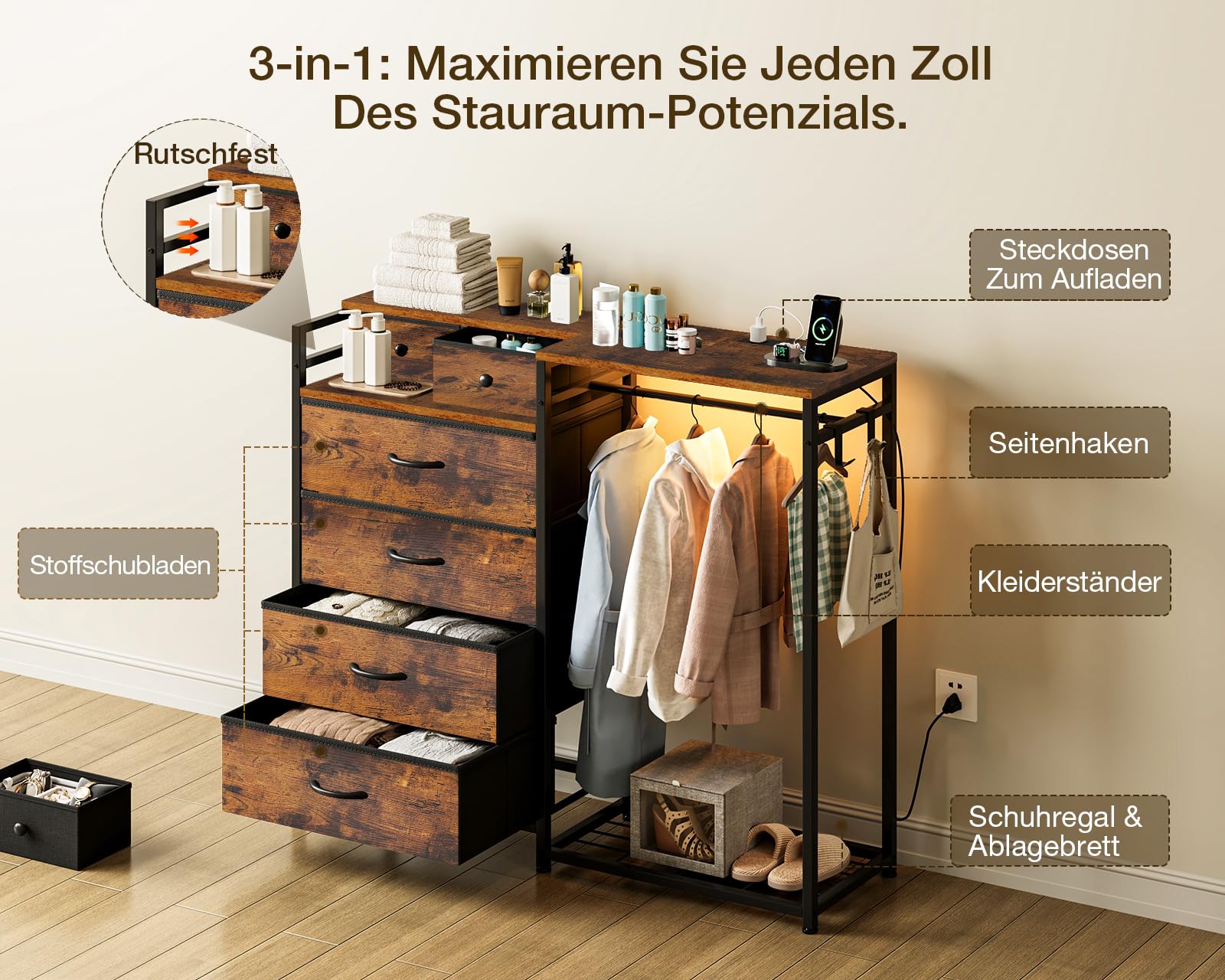 Coleshome Kommode mit Schubladen mit Kleiderstange, mit LED-Beleuchtung und Steckdose, Umkehrbares Design mit 6 Schubladen, Stoffkommode für Schlafzimmer und Wohnzimmer, 110 x 30 x 106 cm, Vintage