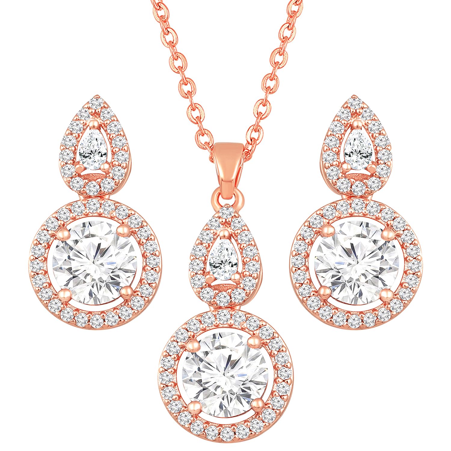 PEORARose Gold Plated CZ Pendant Chain Necklace & Stud Earrings Jewellery Set for Women Girls