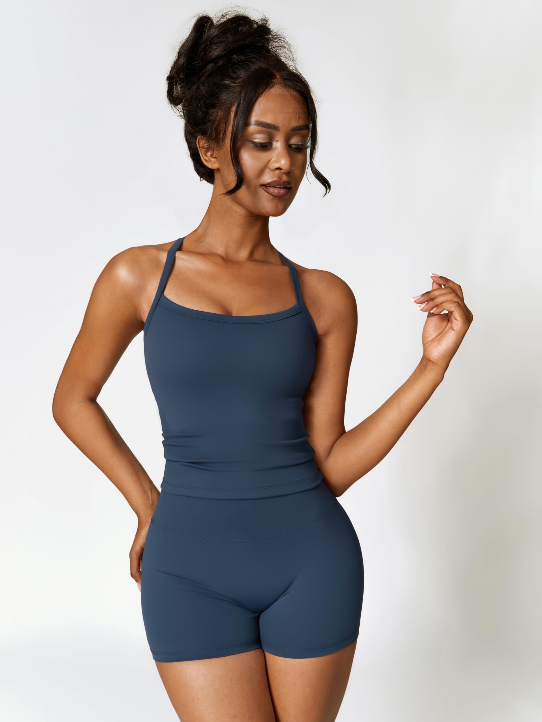 IDOPIP Tuta sportiva da donna in due pezzi per il fitness: spalline sottili, abbigliamento estivo con reggiseno imbottito e leggings a vita alta, set da palestra per yoga, pilates e allenamento
