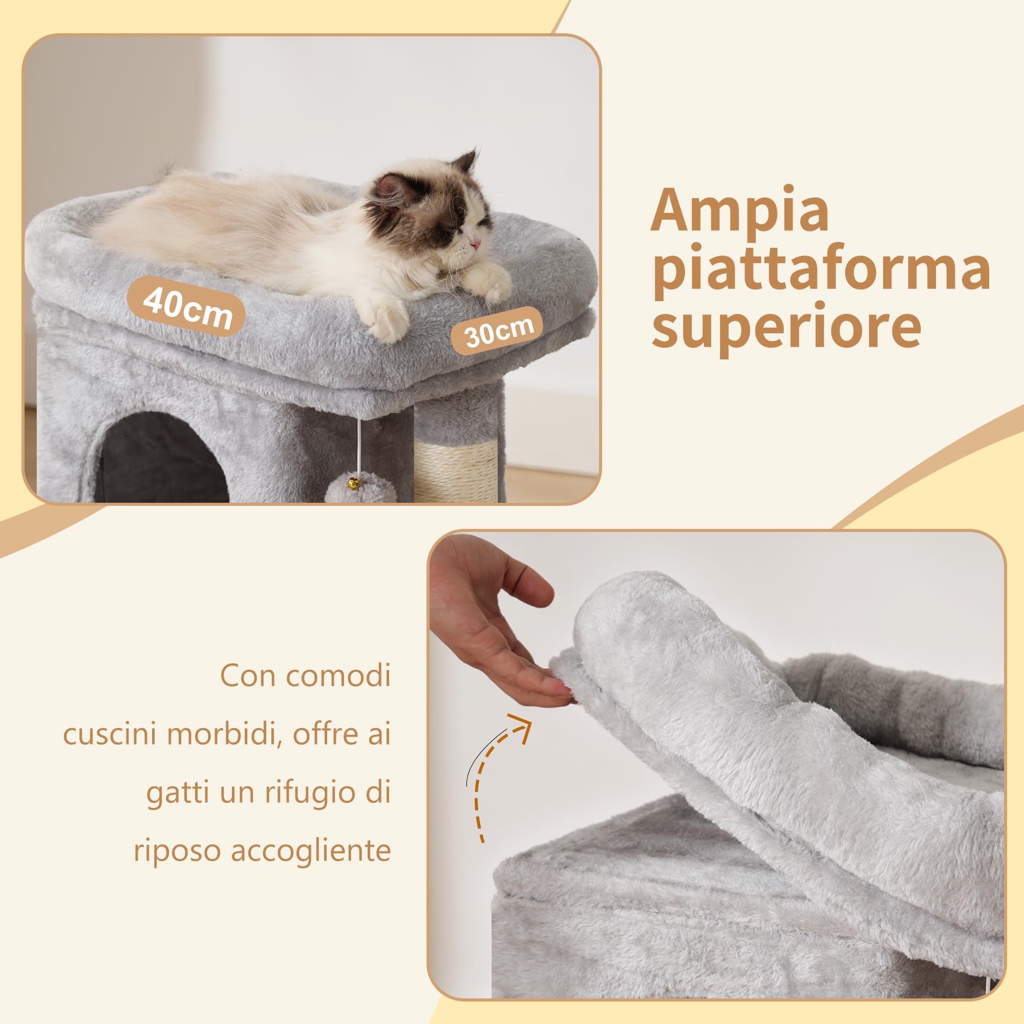 Heybly Albero Tiragraffi Per Gatti, Tiragraffi Piccolo Per Gatti Alto 75 cm Con Piattaforma Superiore, Tana, Amaca, Scala Di Arrampicata, Gioco da Gatto, Mobile da Gatto, Grigio Chiaro HCT009SW