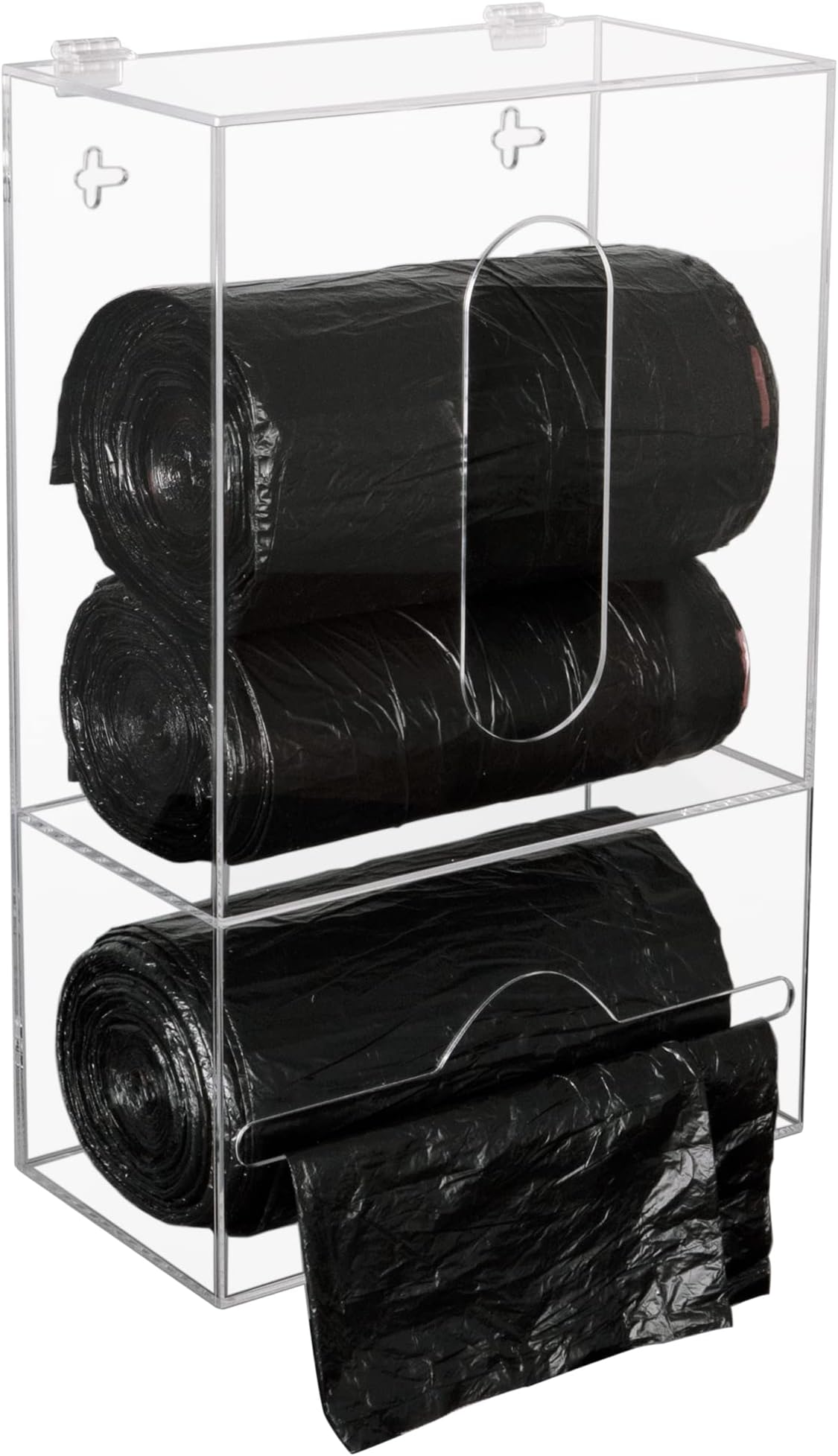 AphbradaTrash Bag Dispenser Roll Holder for Plastic Bag, 2 in 1 Acrylic Garbage Bag Dispenser Organizer Holder for Cabinet, Wall Mount Kitchen Trash Can Liner Holder for Grocery Bag, Clear