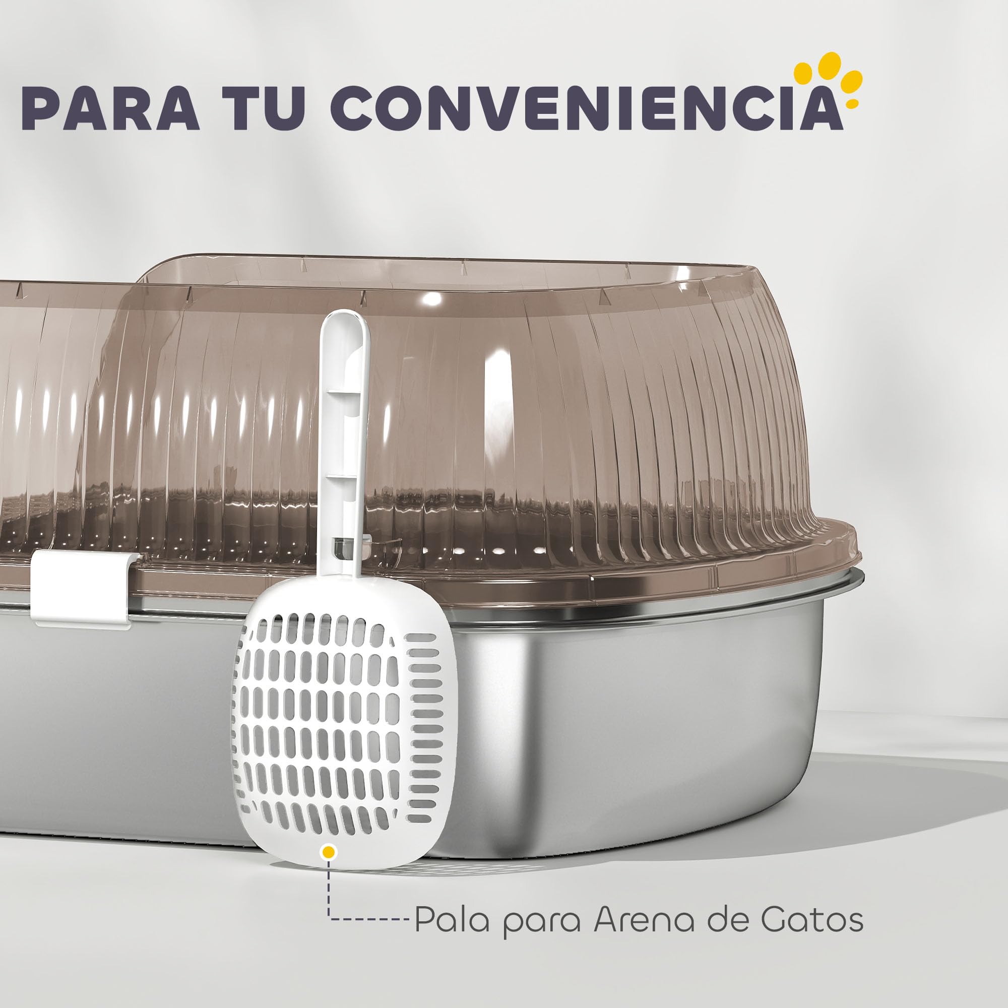 PawHut Arenero para Gatos Cubierto Extragrande Peldaño Pala Gris | Bandeja de Acero Inoxidable, Caja de Arena Cerrado, Bordes Altos, Zona para Caída de Arena, sin Olor, Fácil Limpieza