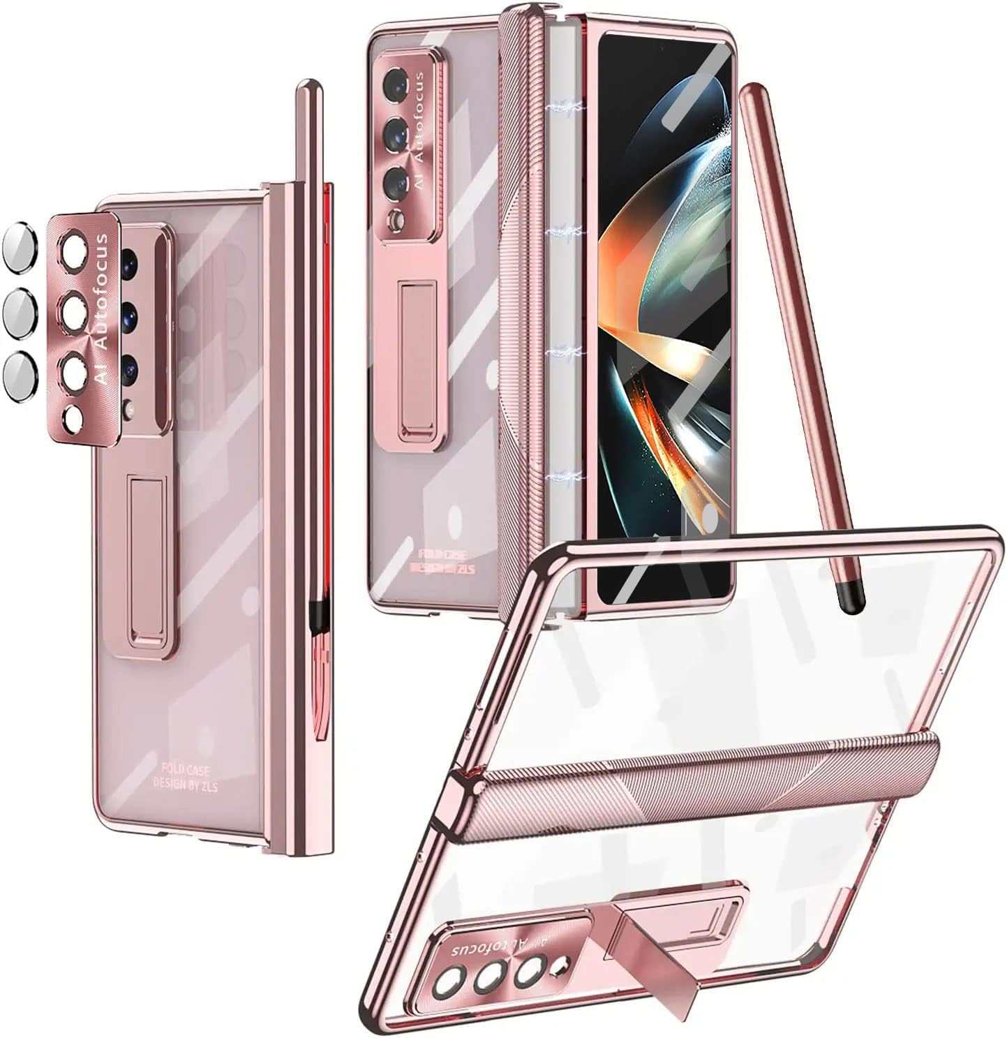 Miimall [6 Pack] for Samsung Galaxy Z Fold 4 Case with S-pen, [Hinge Cover] [Stand] [Camera Lens Protector+Front Screen Protector] Hard PC Anti-drop Full Coverage Cover for Galaxy Z Fold 4-Rose Gold