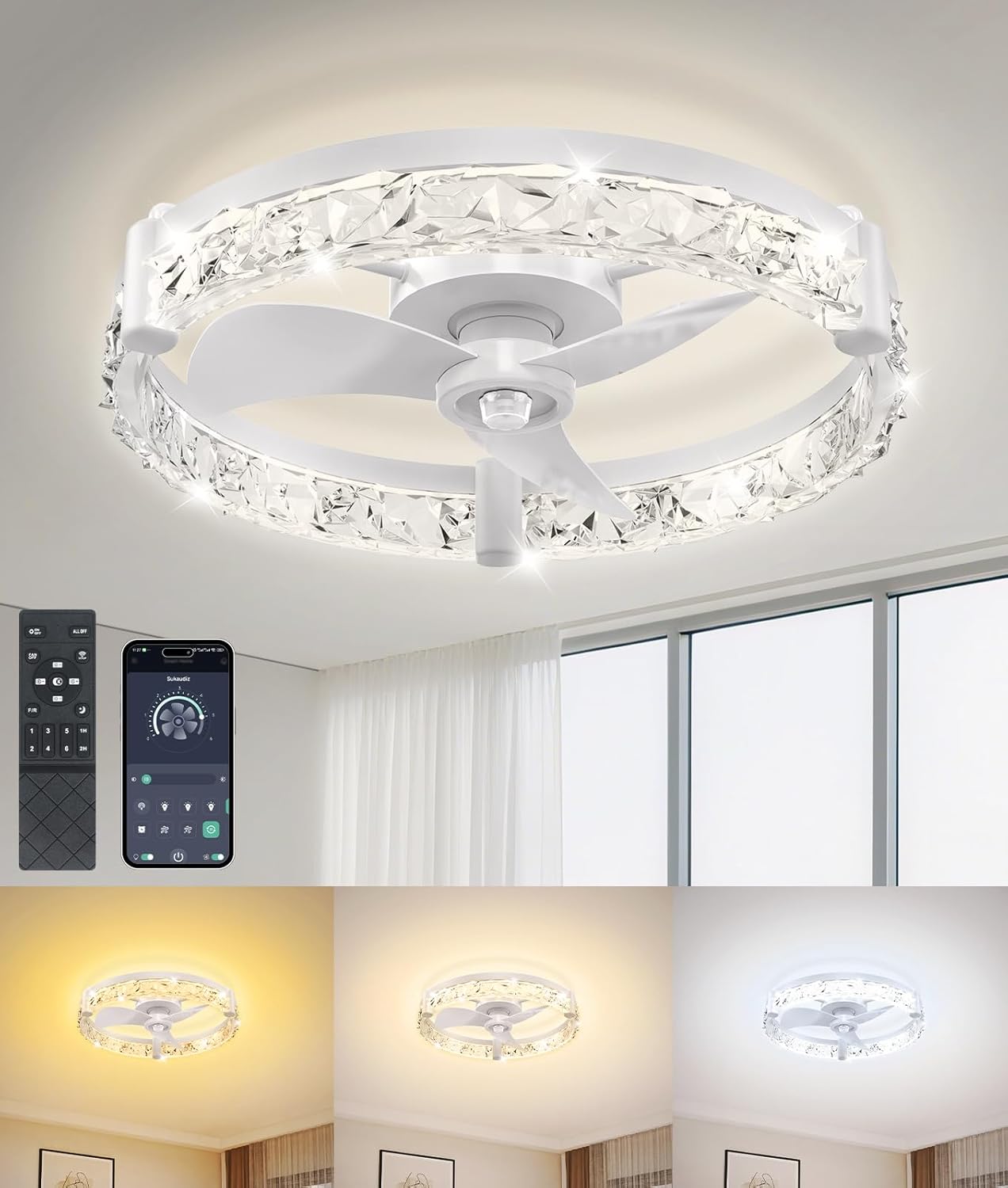 Ceiling Fans with Lights and Remote App 20'' Low Profile Ceiling Fan 3000-6500K 0-100% Dimmable Modern Flush Mount Ceiling Fan Light LED 6 Speeds Fandelier Ceiling Fans for Bedroom small living room