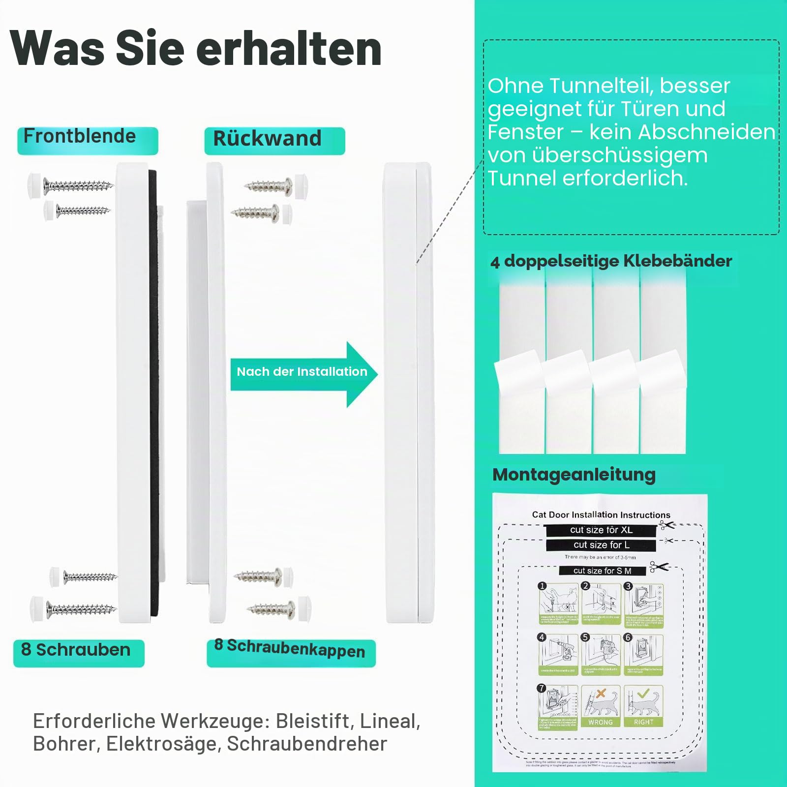 Katzentür für Fenster, Haustiertüren und Schiebetür, Sicherheits-Haustiertür mit 4-Wege-Schloss, wetterfeste Katzenklappe für dünne Tür und Wand (groß, Außengröße 24,9 x 23,6 x 2 cm)