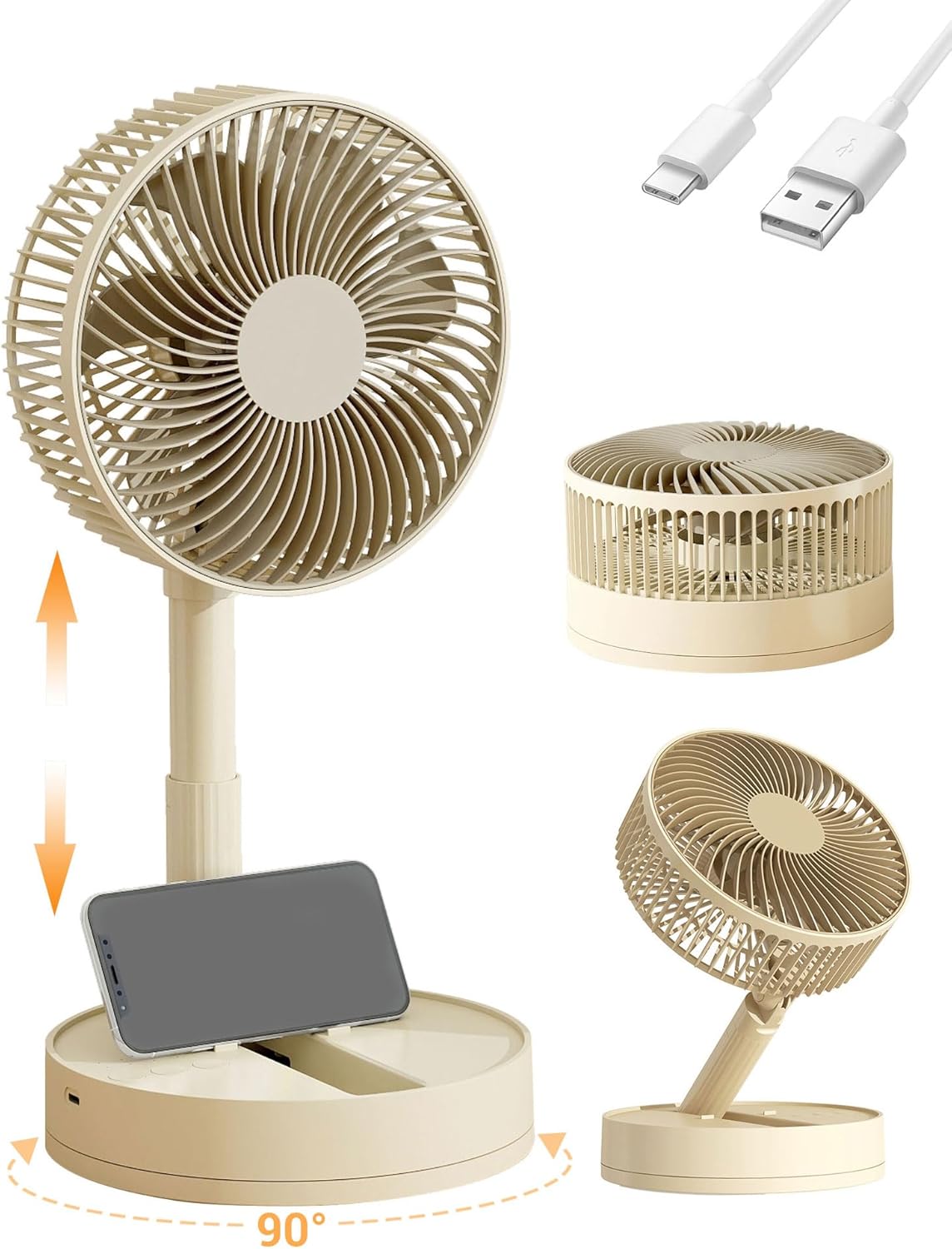 Portable Fan, 8'' Oscillating Desk Fan, 5400mAh Rechargeable Small Fan for Bedroom, 4 Speeds&8H Timer Battery Powered Travel Fans for Outdoor, Khaki