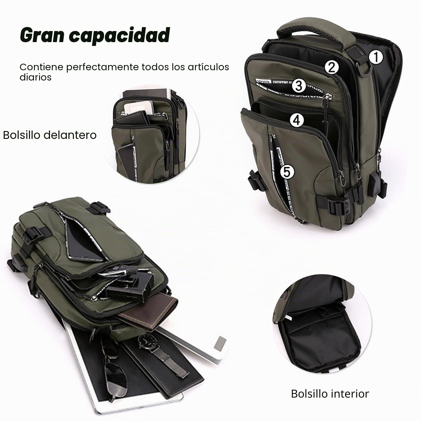 FANDARE Bolsa Cruzada Bolsa de Pecho Bolso de Hombro Hombre Bolso Hombro Bolsa de Pecho on Puerto de Carga USB Mochila de Viaje Bandoleras Bolso de Bandolera Escolar Sling Bag Caqui