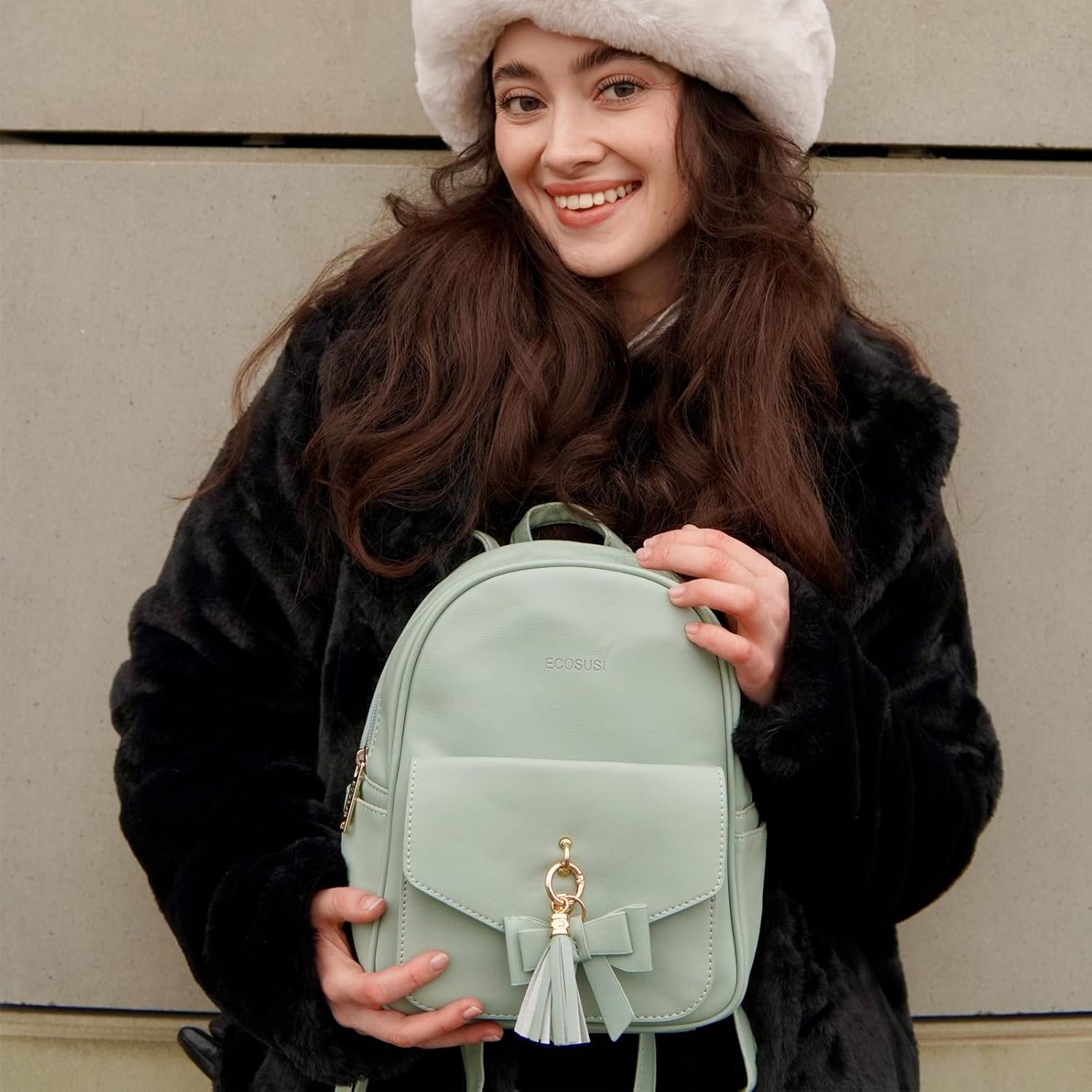 ECOSUSI Mini Backpack for Women Girls Cute Bowknot Small Backpack Purse Ladies Leather Bookbag Satchel Bag, with Charm Tassel Green - Image 2