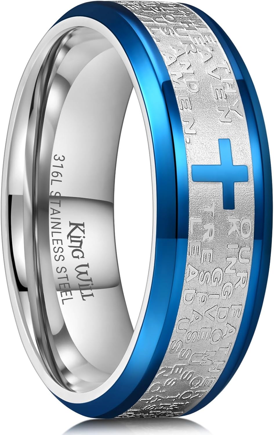 King Will Stainless Steel Men Ring 8mm Lord's Prayer Cross Ring Stainless Steel Men Wedding Ring, Gold/Silver/Black Wedding Band Bible Engraved Rings High Polished, Comfort Fit Size 7-14
