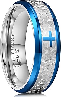 Stainless Steel Men Ring 8mm Lord's Prayer Cross Ring Stainless Steel Men Wedding Ring, Gold/Silver/Black Wedding Band Bible Engraved Rings High Polished, Comfort Fit Size 7-14