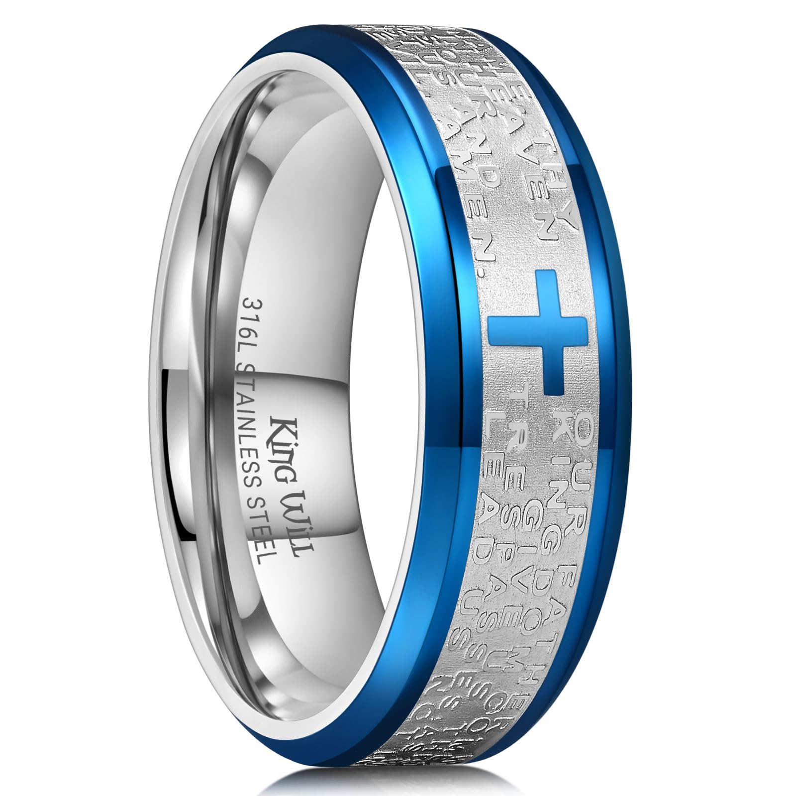King Will Stainless Steel Men Ring Lord's Prayer Cross Ring Stainless Steel Men Wedding Ring, Wedding Band Bible Engraved Rings High Polished, Comfort Fit