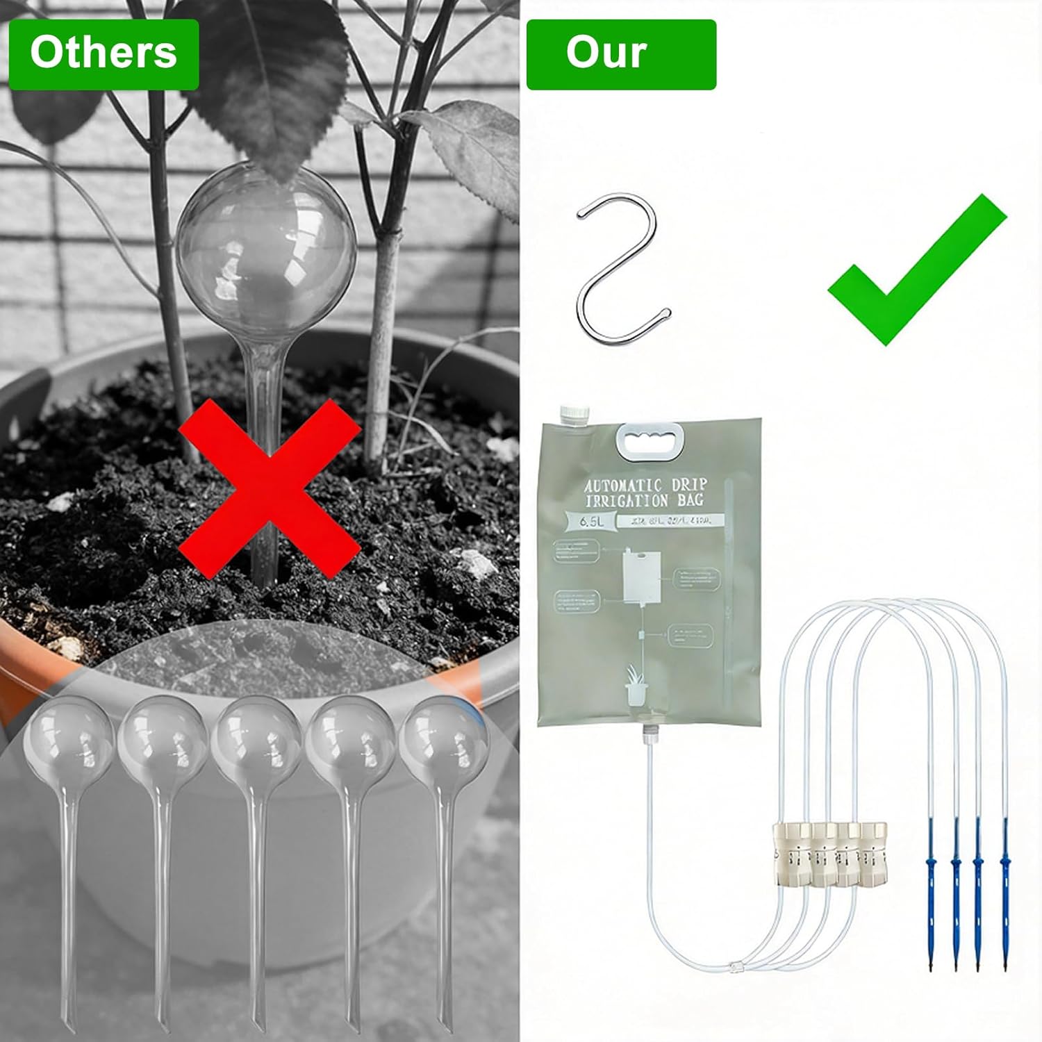 6.5L Plant Self Watering Bag, Automatic Drip Irrigation System with 4 Adjustable Outlets & Precision Flow Control Valves, Waterer for Indoor Outdoor Potted Plants & Flowers, Vacation Care（3PCS）