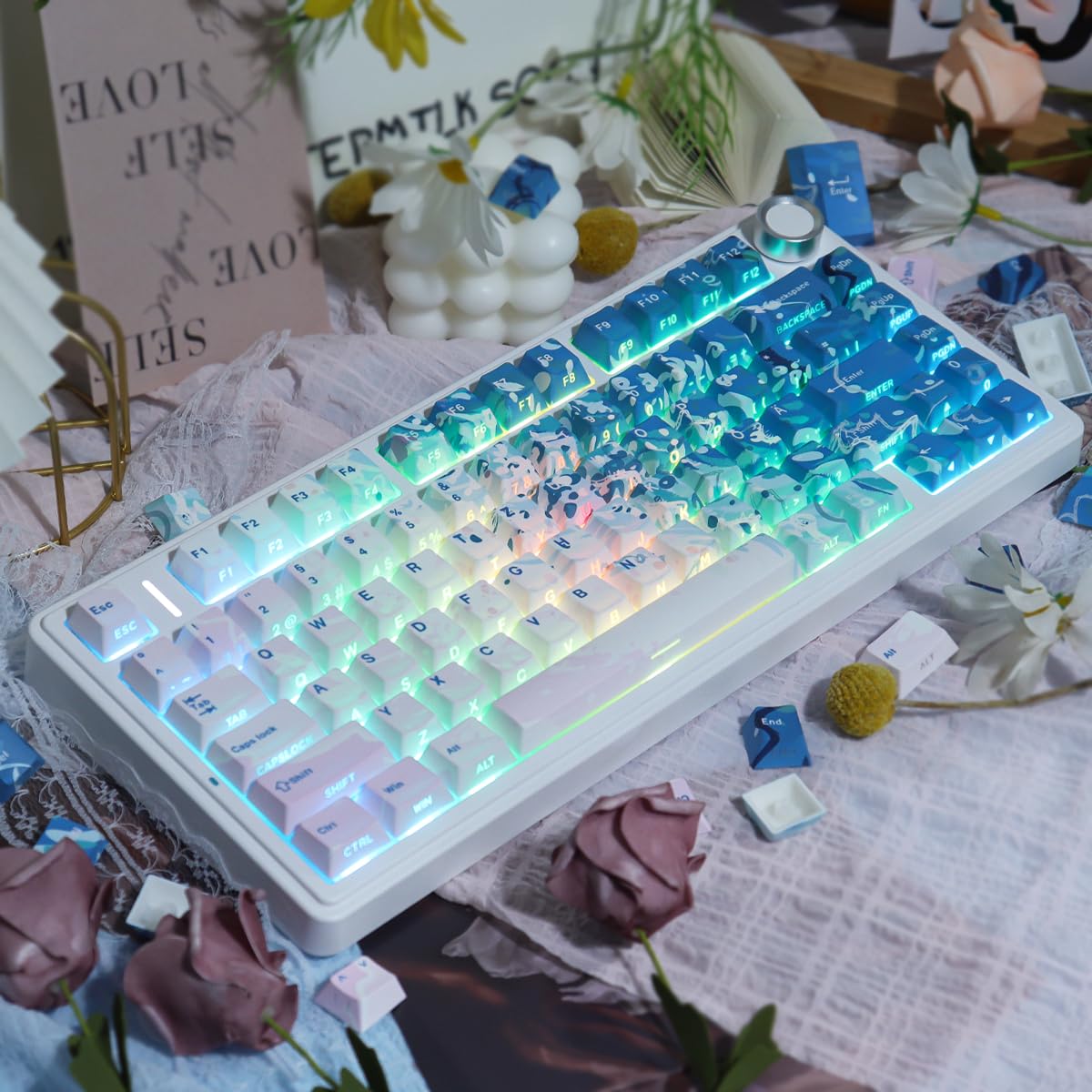 PBT Keycaps 128 Keys Pink Beach Keycaps, Double Shot Shine Through Side Printed Keycap, Cherry Profile Dye Sub Keycap for Cherry MX Switch ISO QWERTZ Layout Meccanical Keyboard