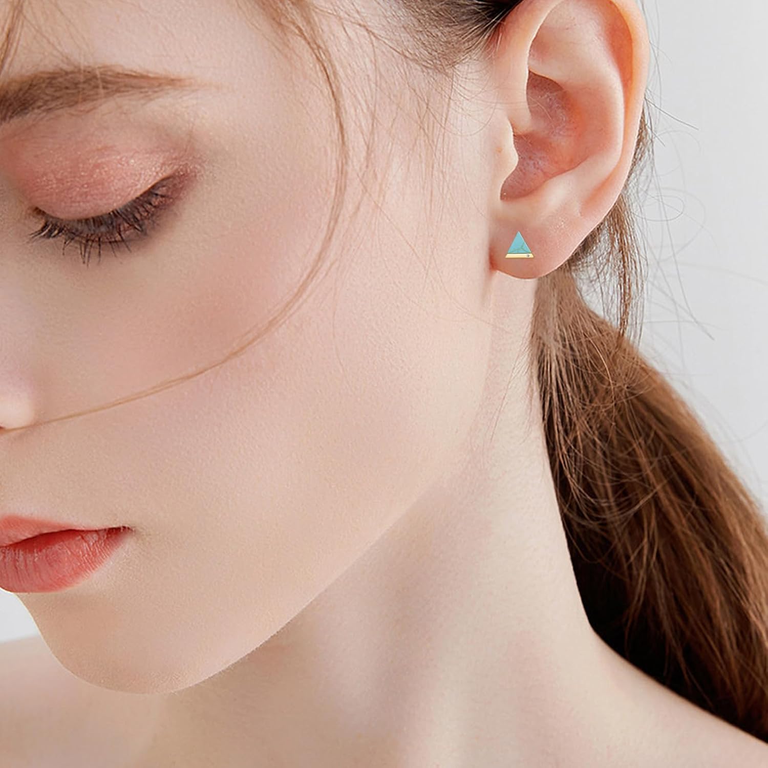 Sterling Silver Natural Turquoise Stud Earrings, 1/10cttw Diamond and Triangle Cut Turquoise Stud Earrings Jewelry Gift for Women