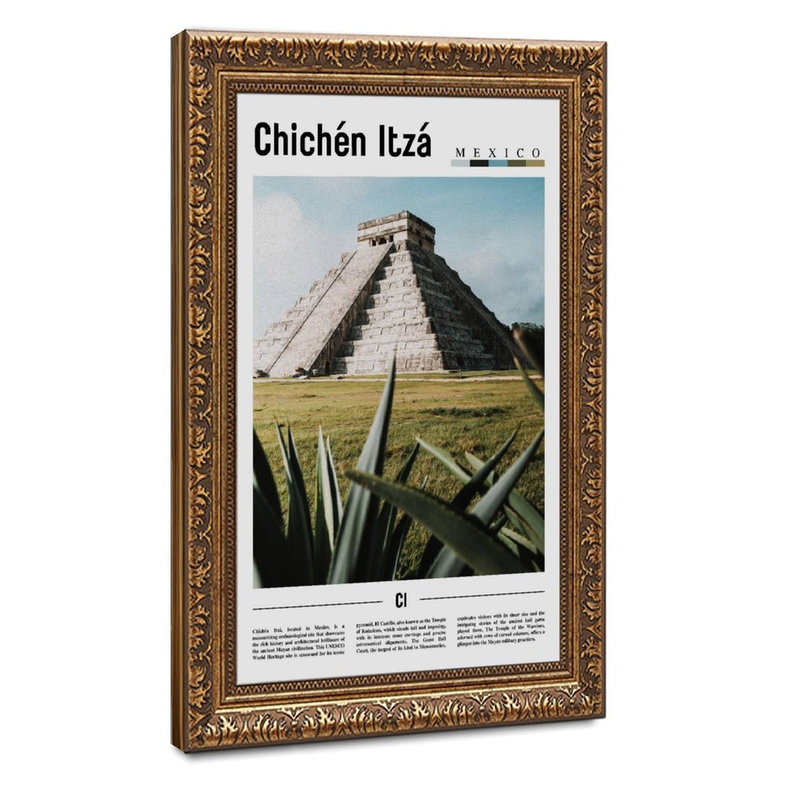 Wcyb Retro Gold Frame Chichén Itzá Yucatán Mexico Landscape Travel Prints Posters Canvas Deco Paintings Wall Art For Office Hangable Frame 20" L X 30" W